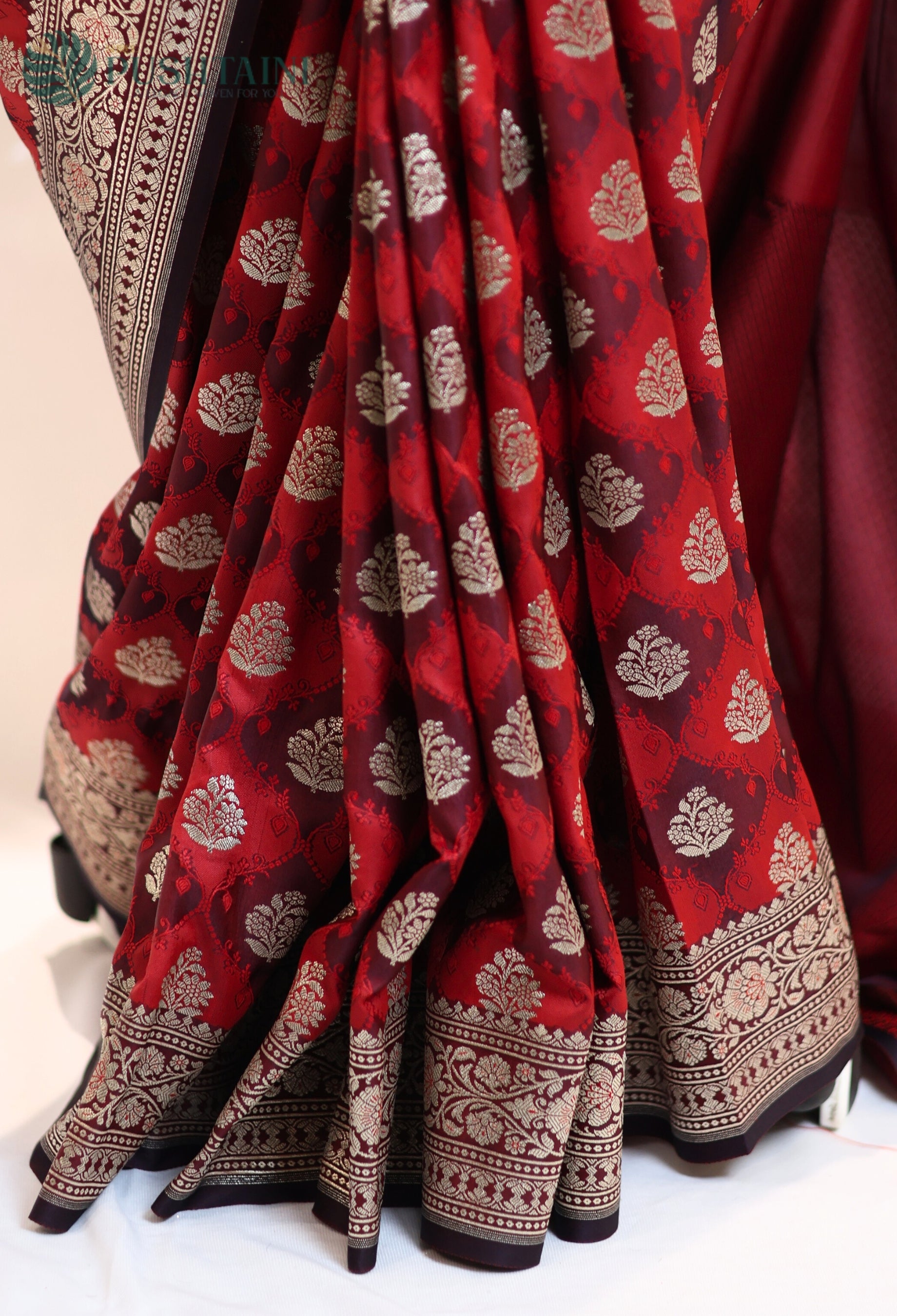 Red Black Mashru Katan Silk Saree with Rangkat Concept