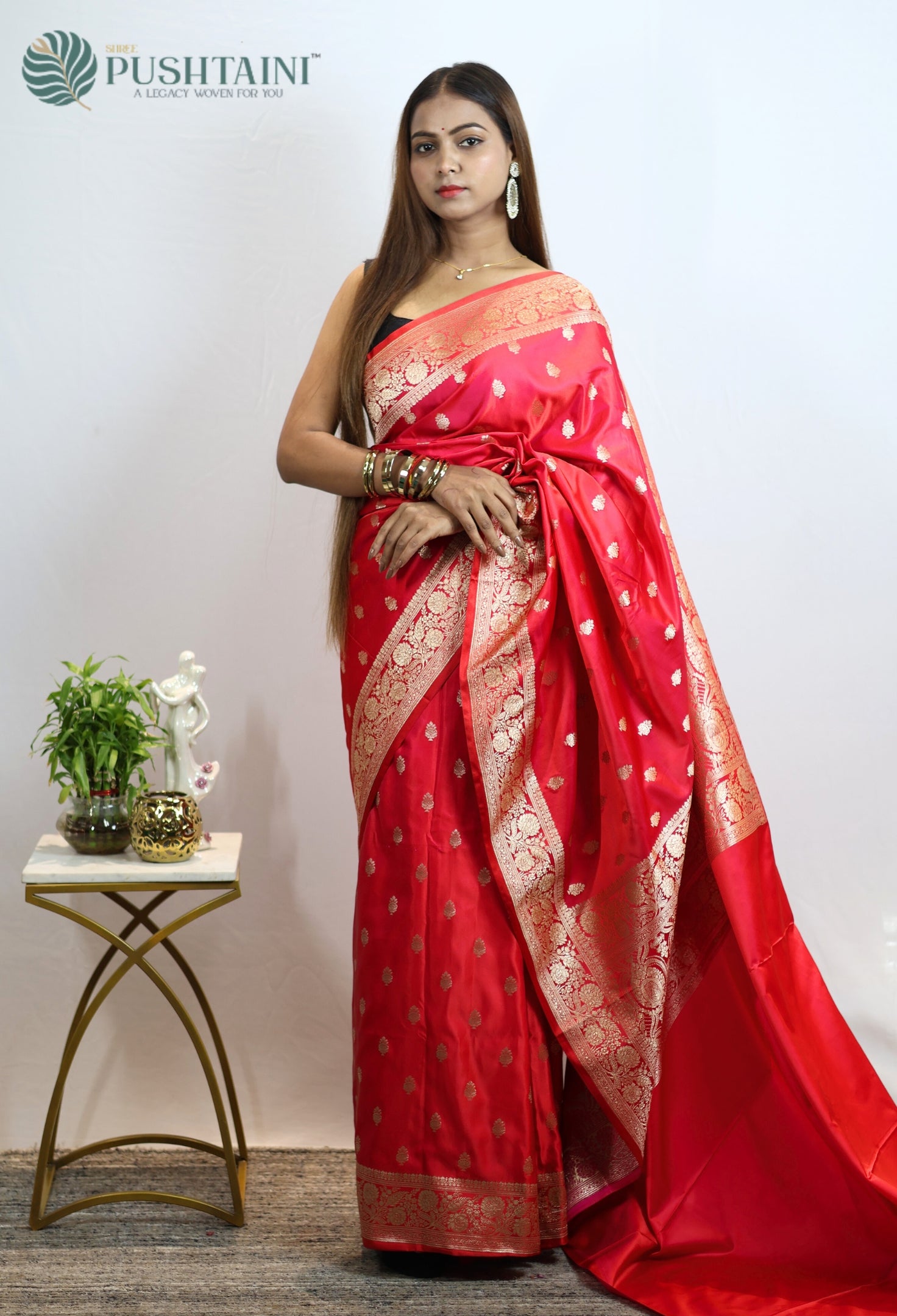 Red Semi Mashru Silk Saree with Allover Buti Zari work