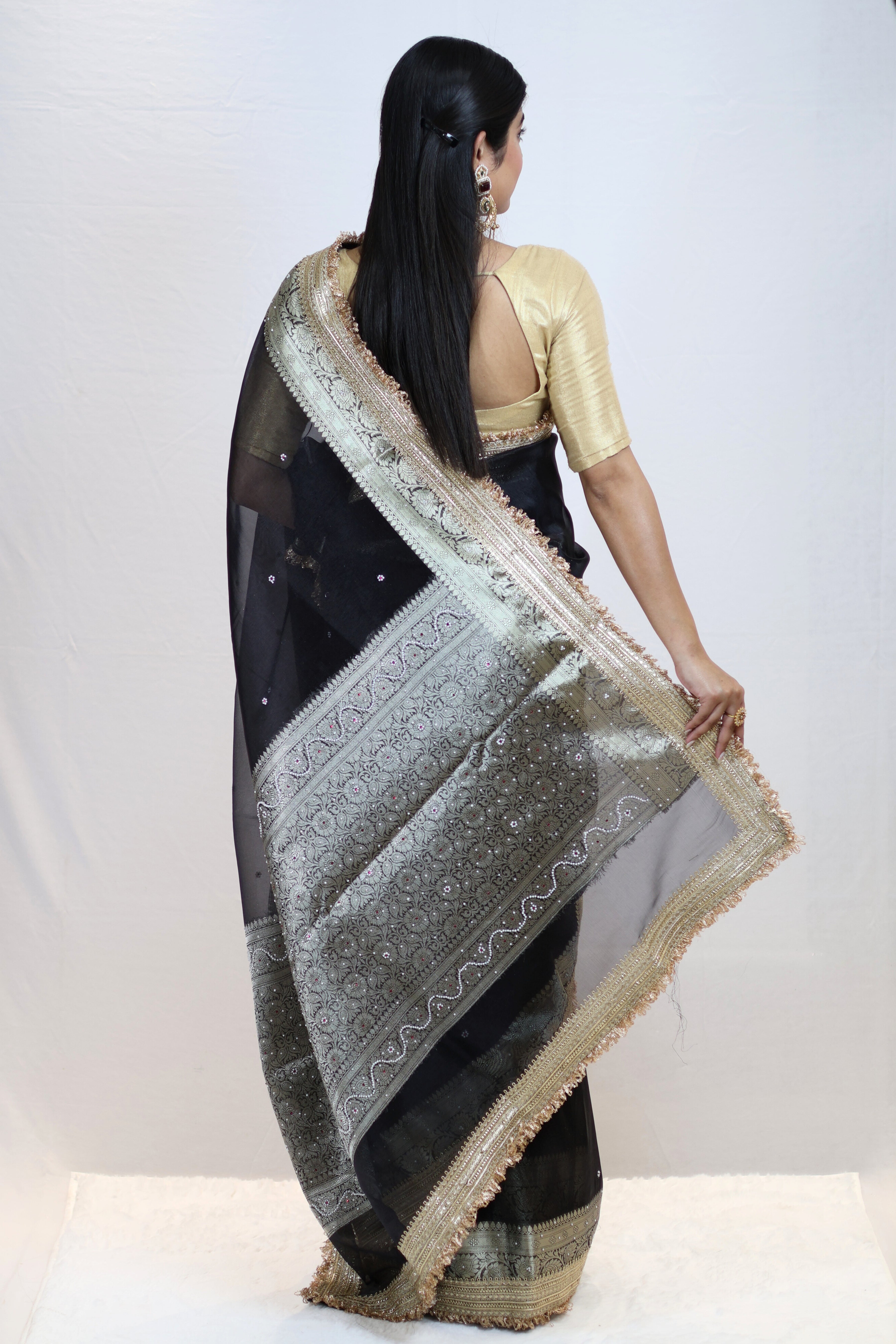 Premium Black Tissue Silk Saree with Stone Work & Double Lace