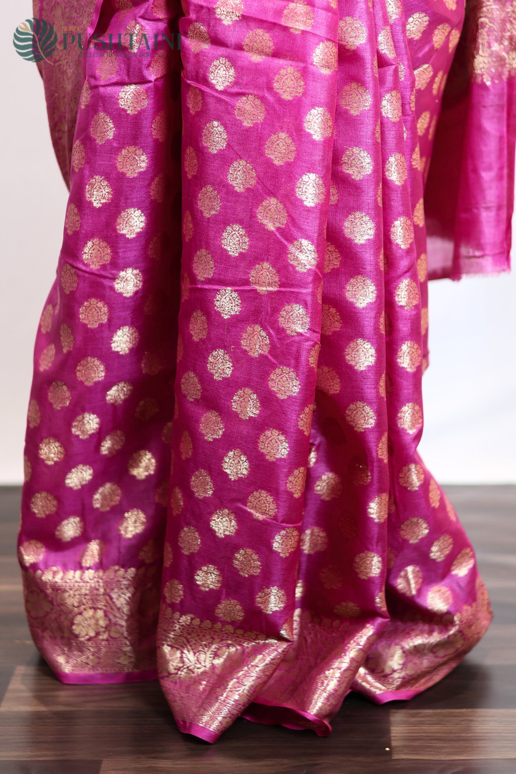 Rani Pink Pure Tussar Saree with Gold Zari Border work