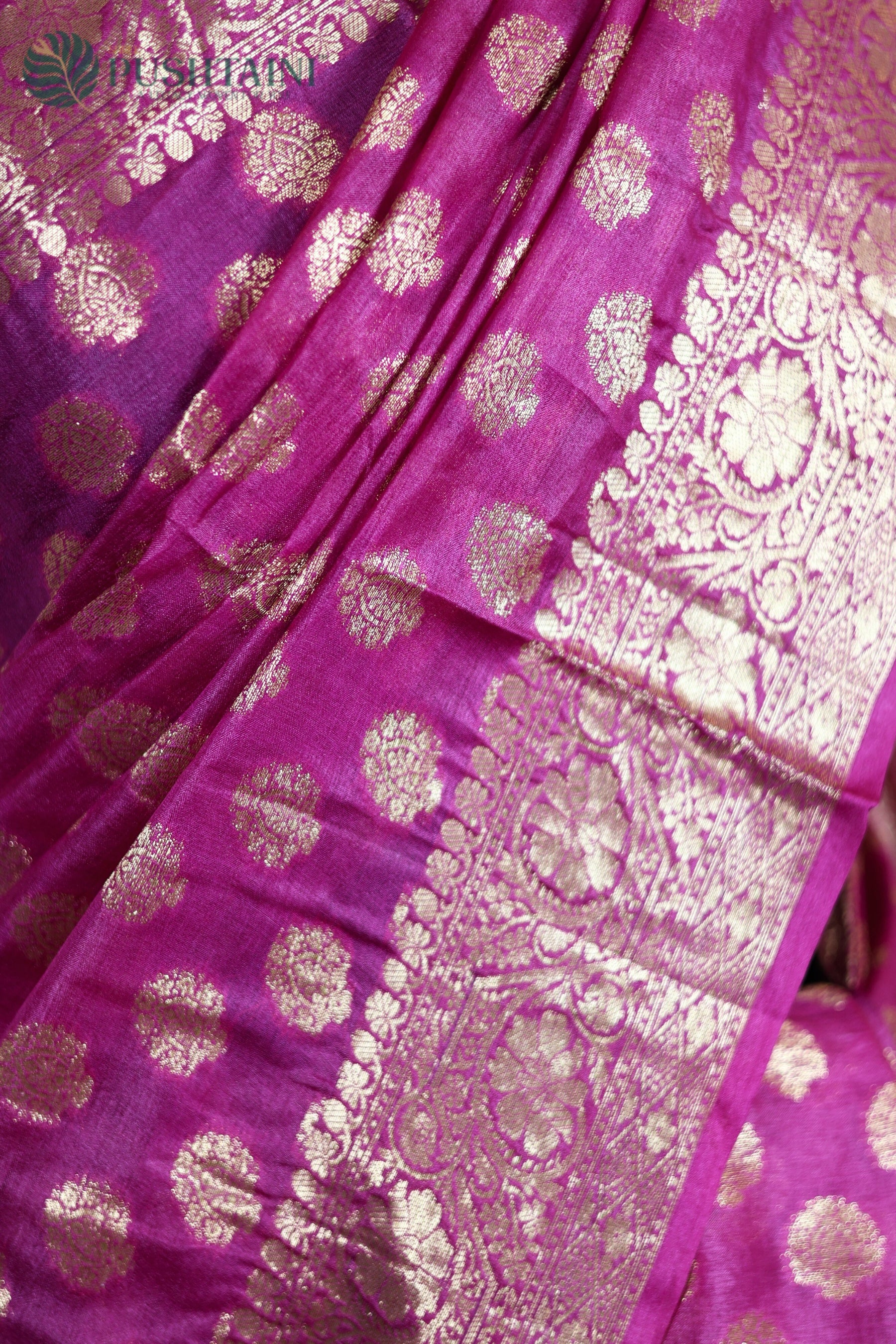 Rani Pink Pure Tussar Saree with Gold Zari Border work