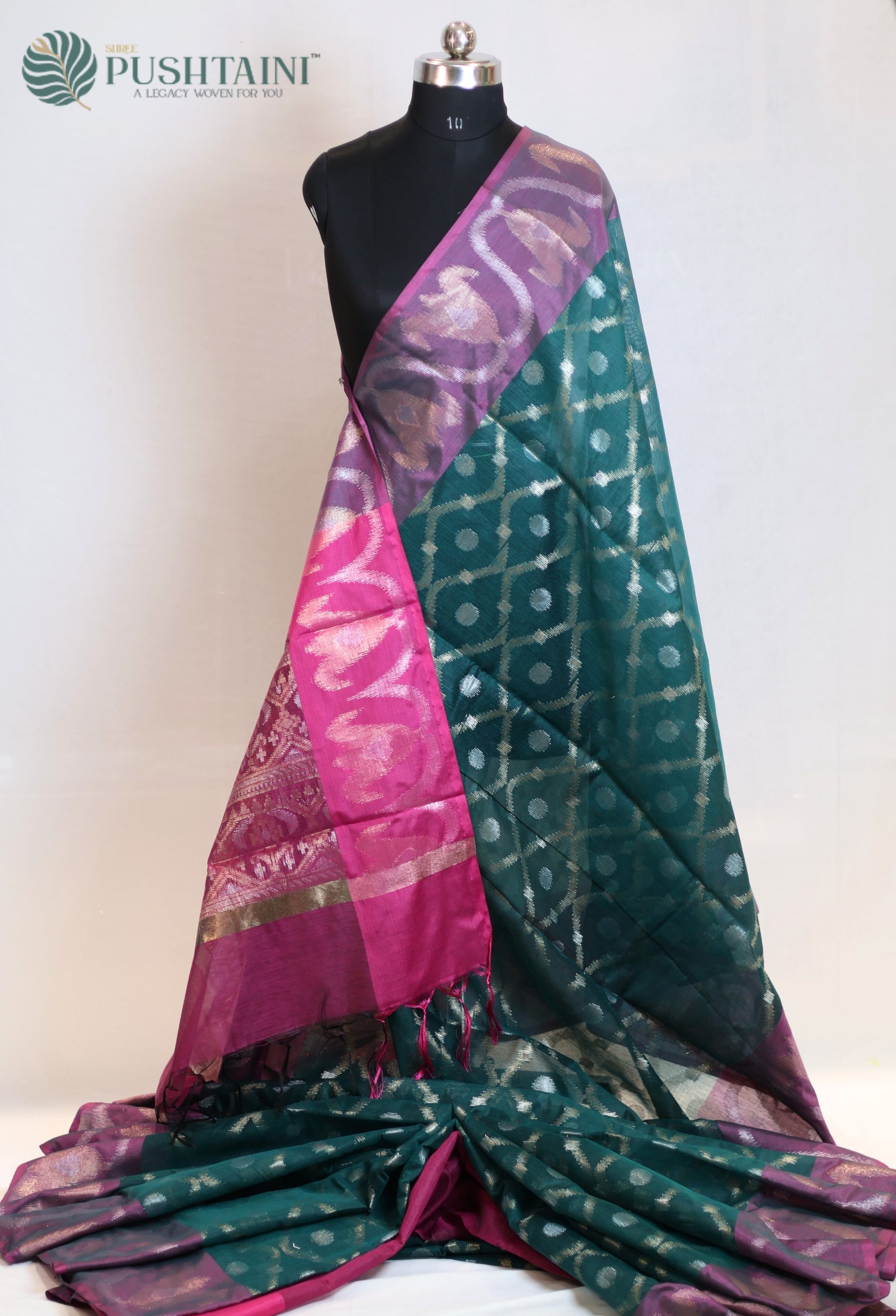 Bottle Green Base Cotton Ikkat Saree with Purple Border