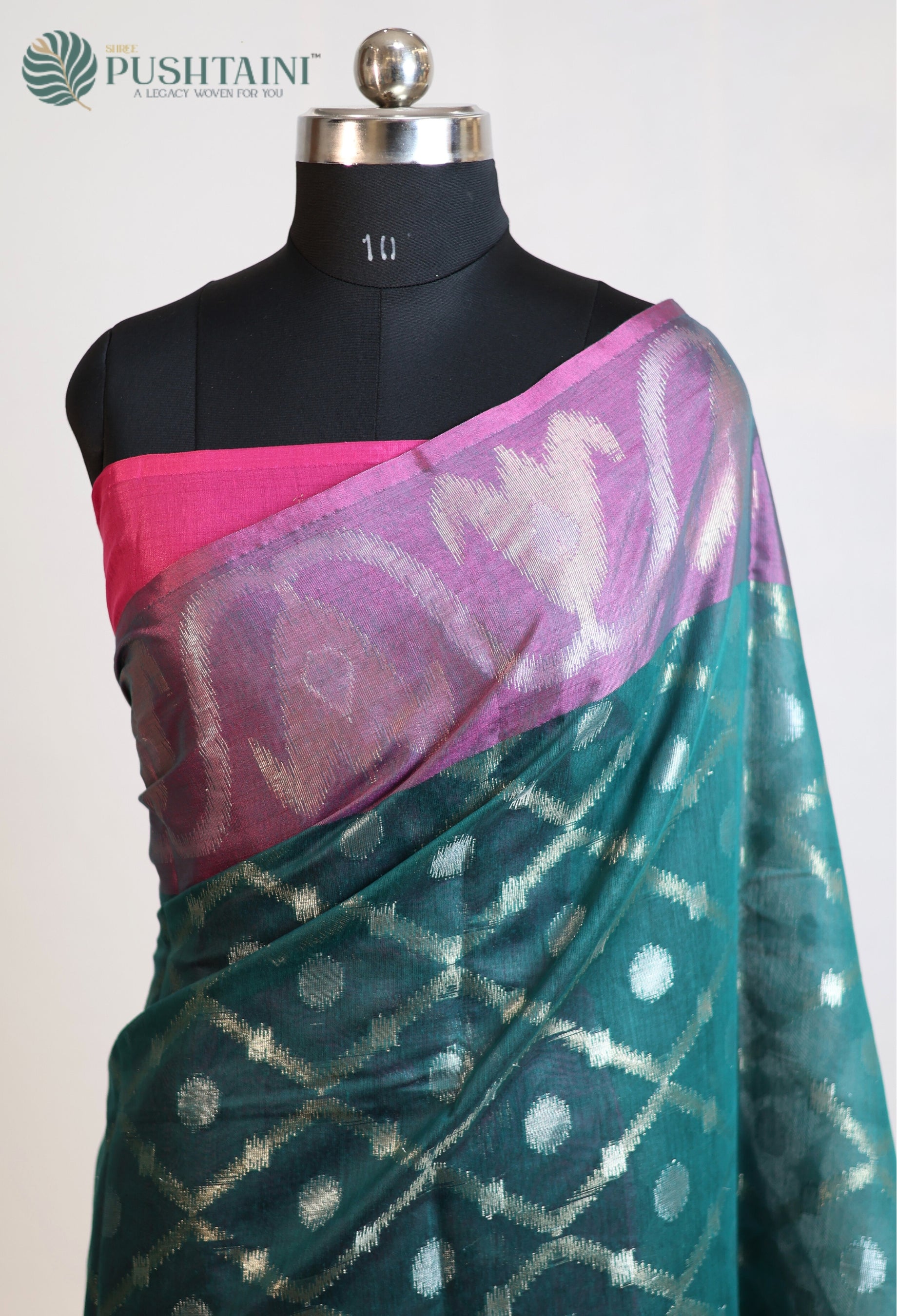 Bottle Green Base Cotton Ikkat Saree with Purple Border
