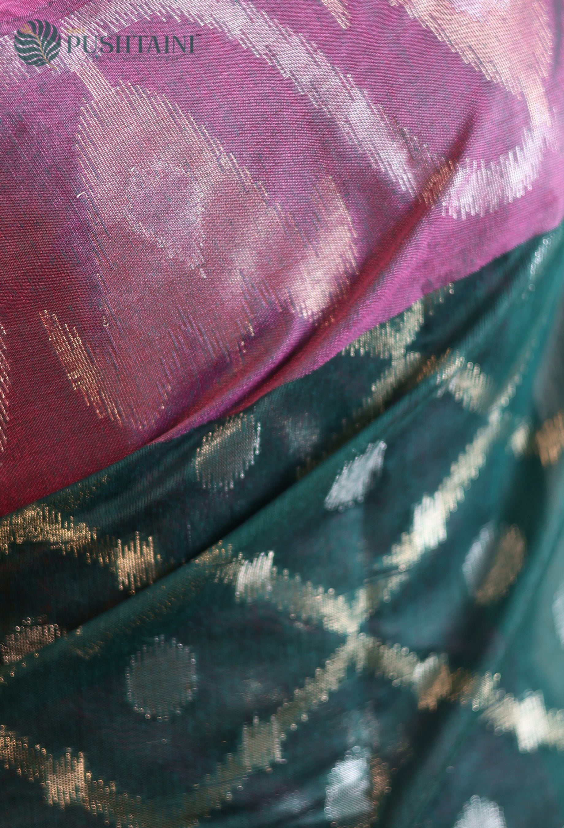 Bottle Green Base Cotton Ikkat Saree with Purple Border