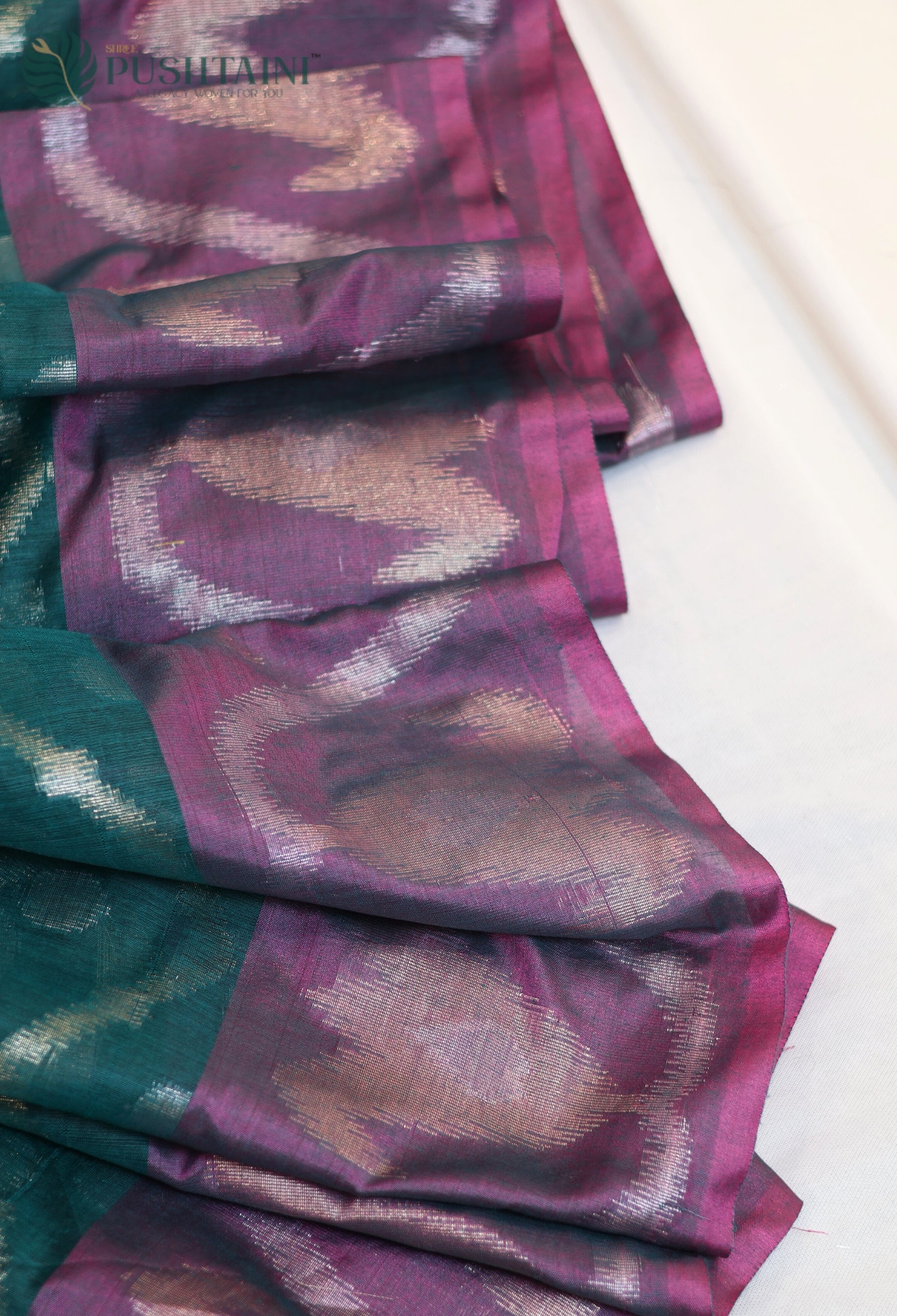 Bottle Green Base Cotton Ikkat Saree with Purple Border