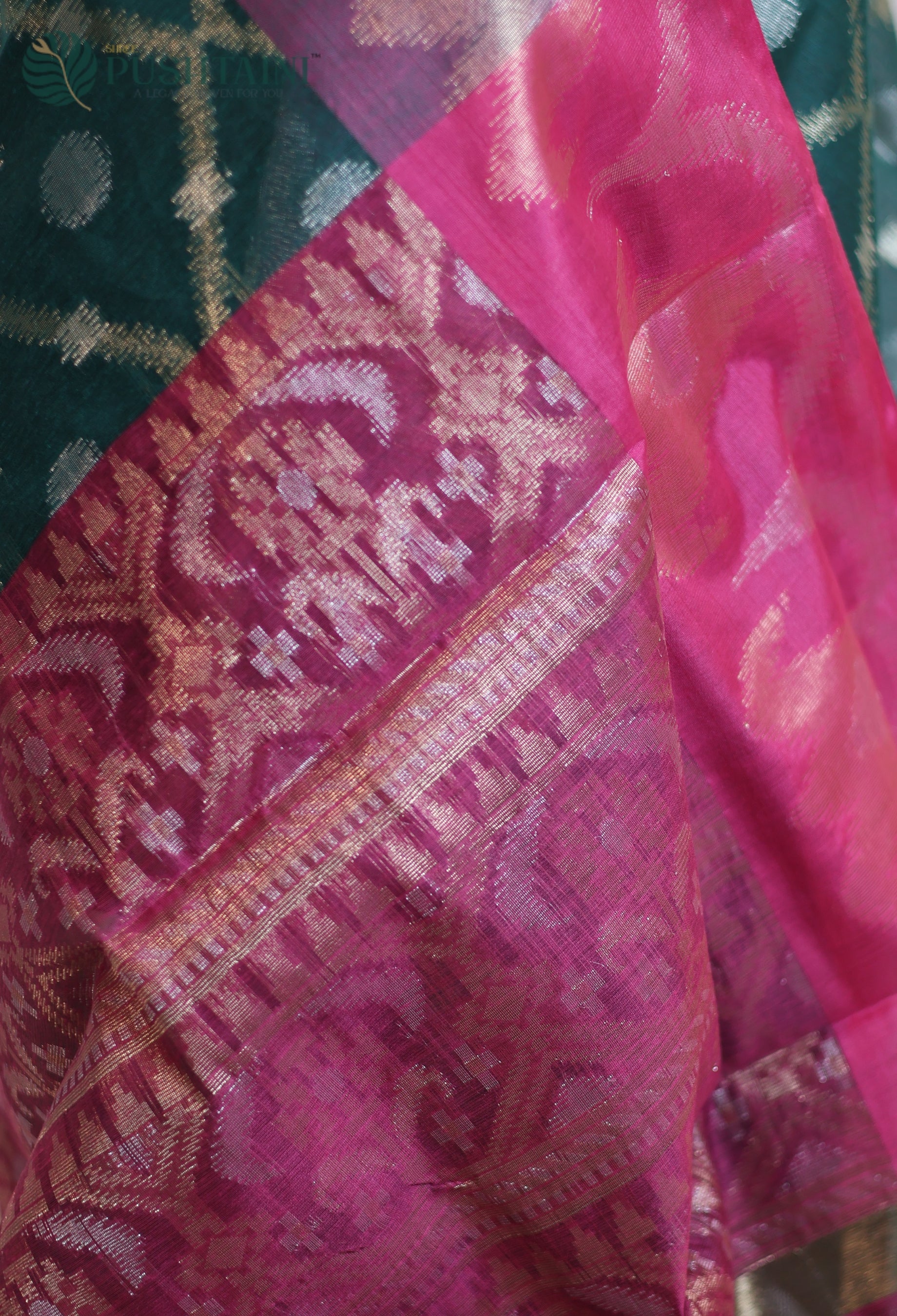 Bottle Green Base Cotton Ikkat Saree with Purple Border