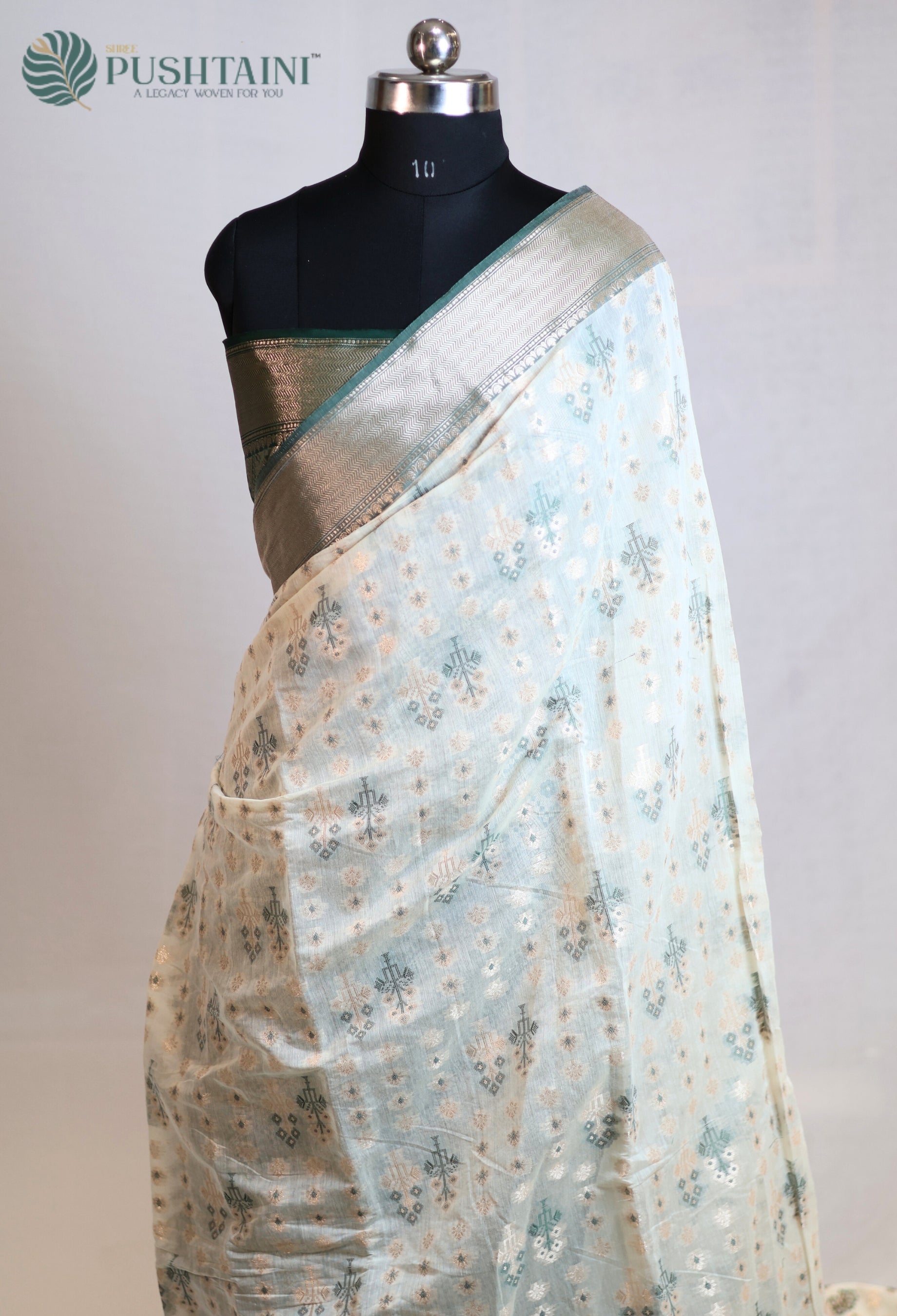 White Base Cotton Alfi Saree with Green Meena Border