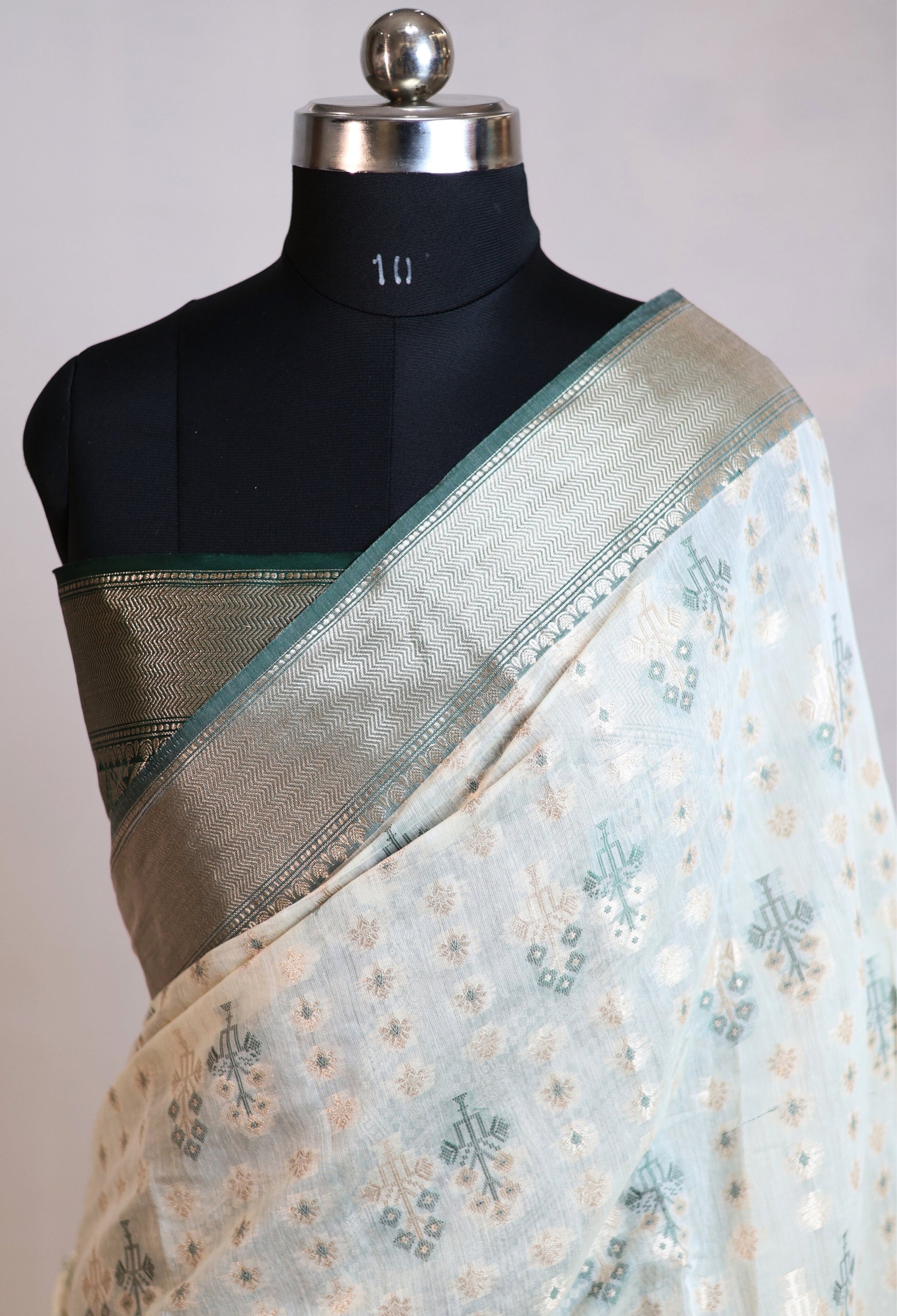 White Base Cotton Alfi Saree with Green Meena Border