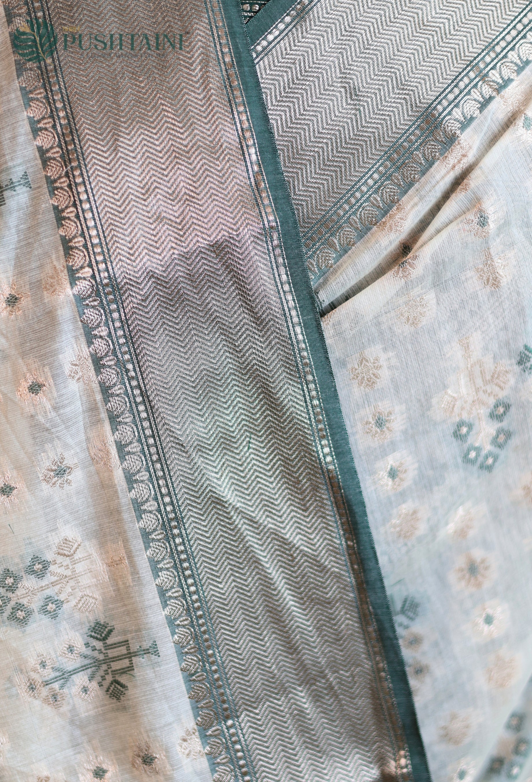 White Base Cotton Alfi Saree with Green Meena Border