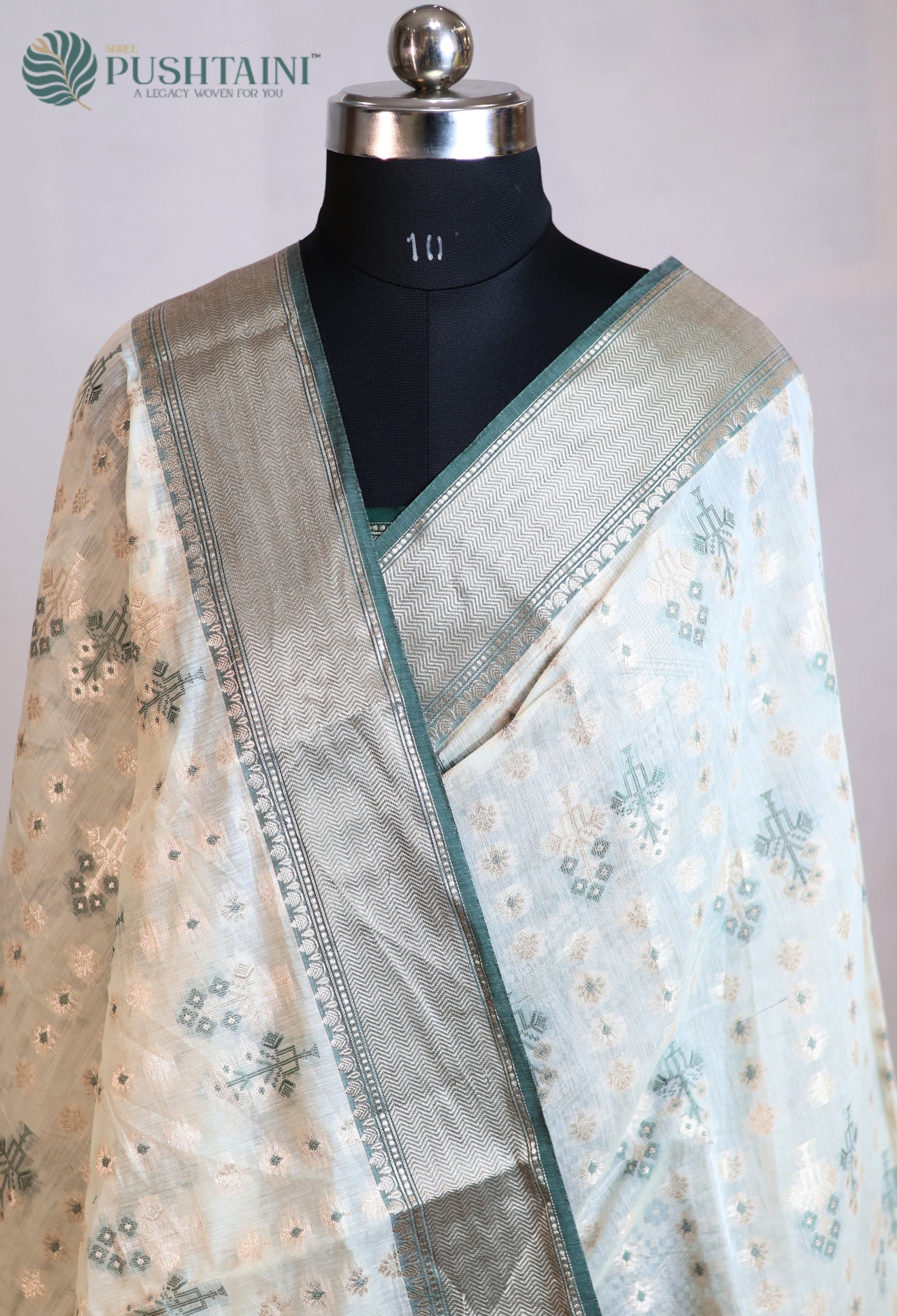 White Base Cotton Alfi Saree with Green Meena Border