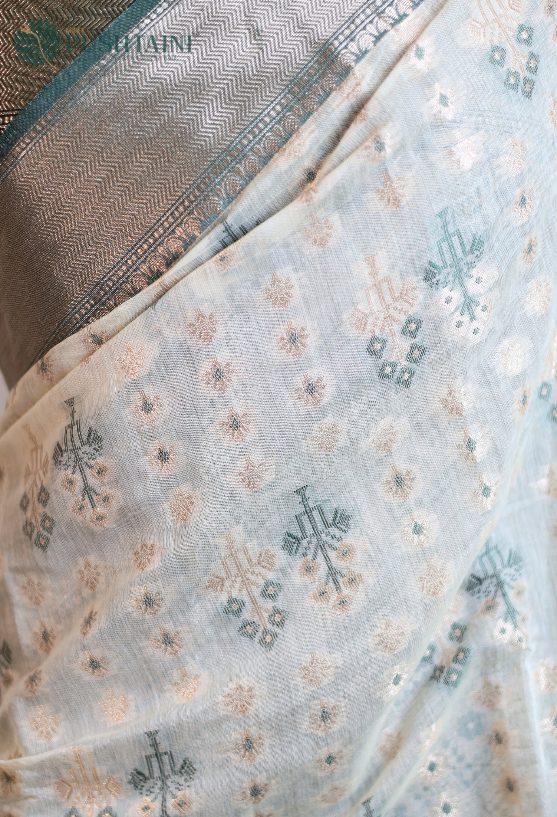 White Base Cotton Alfi Saree with Green Meena Border