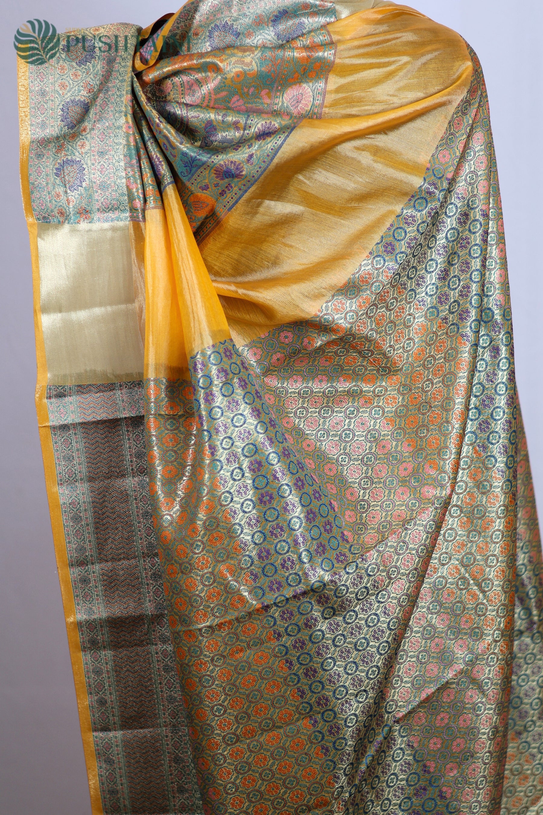 Yellow Pure Tussar Plain Saree with Multi Colour Meenakari Border