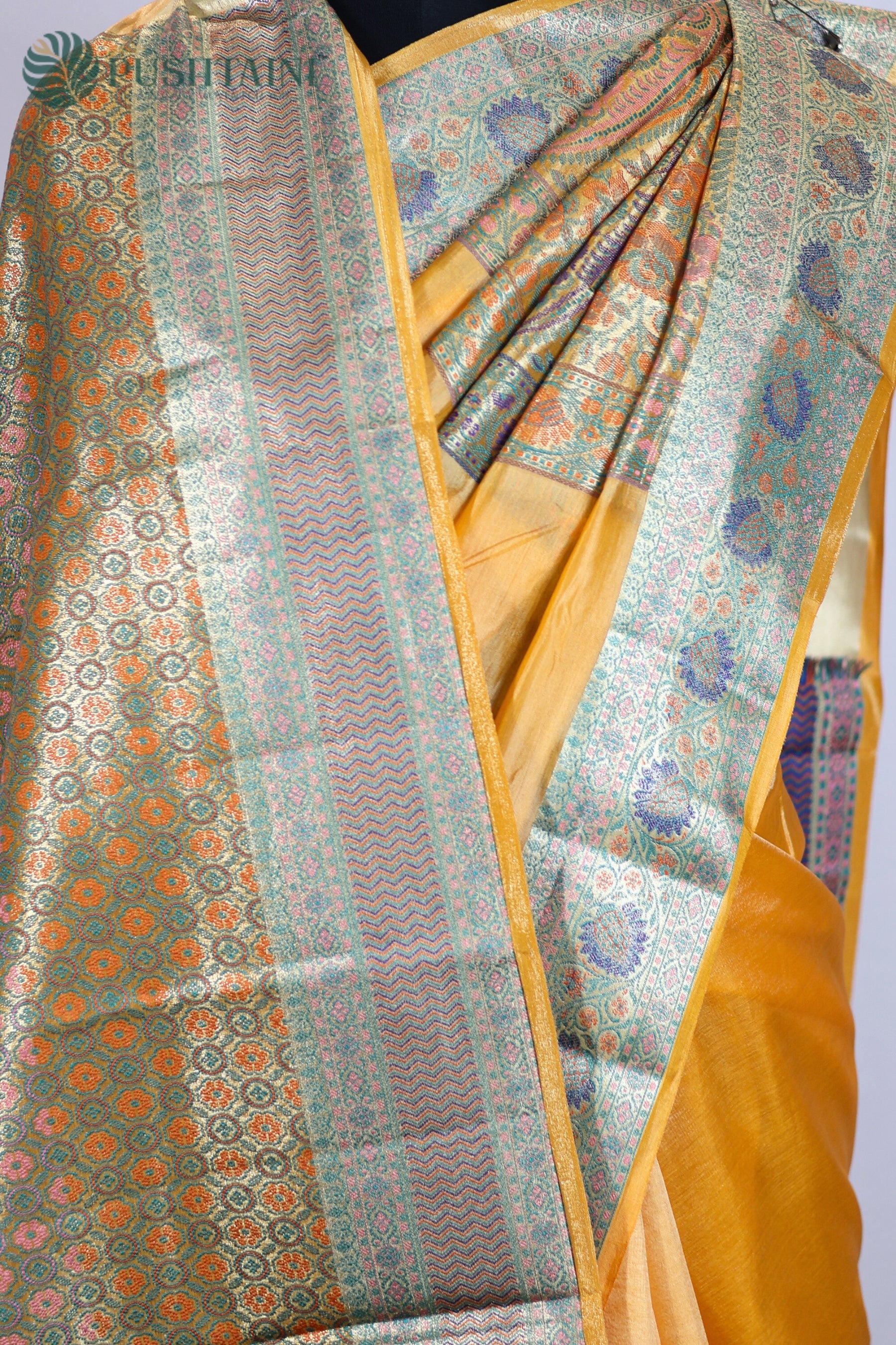 Yellow Pure Tussar Plain Saree with Multi Colour Meenakari Border