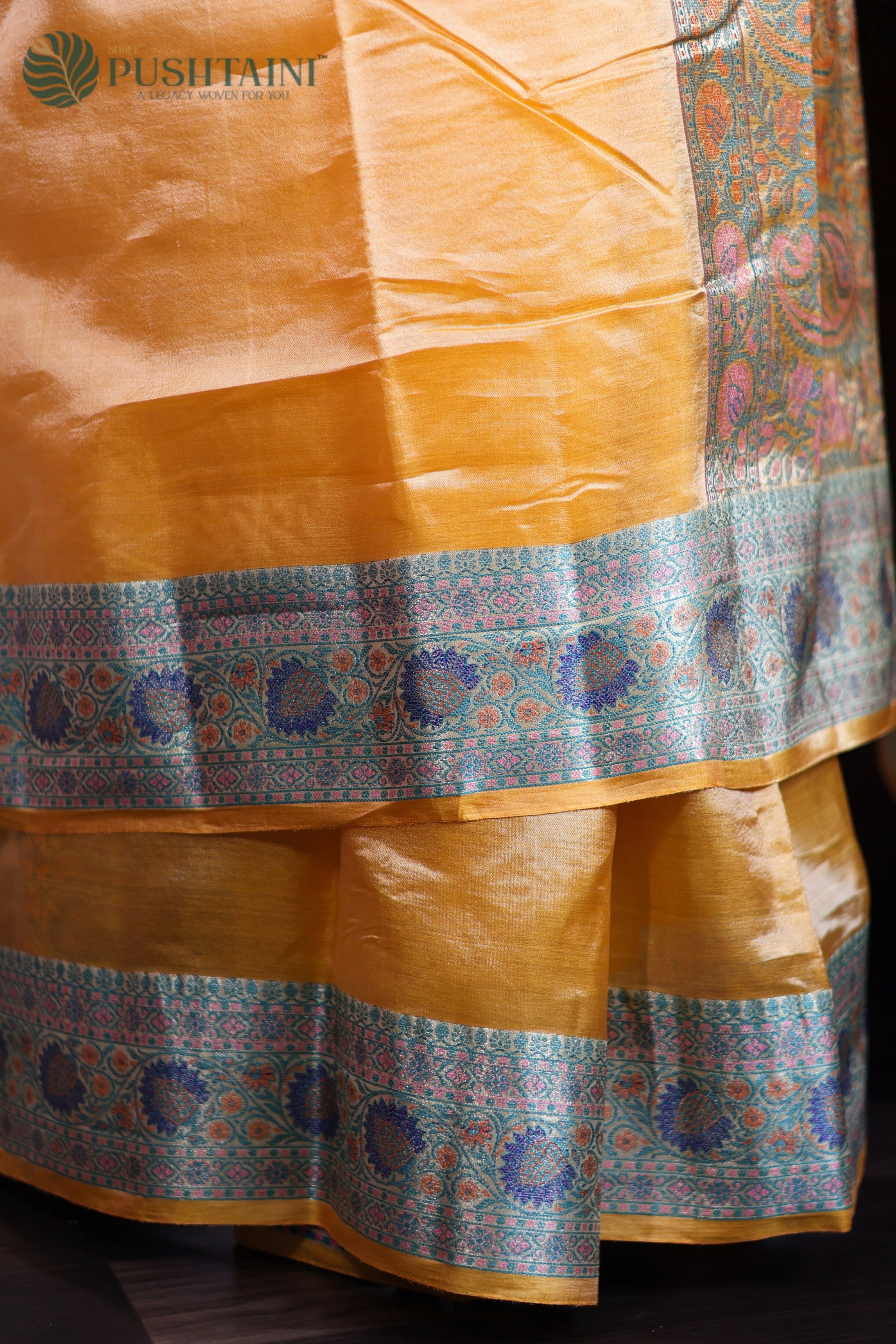 Yellow Pure Tussar Plain Saree with Multi Colour Meenakari Border