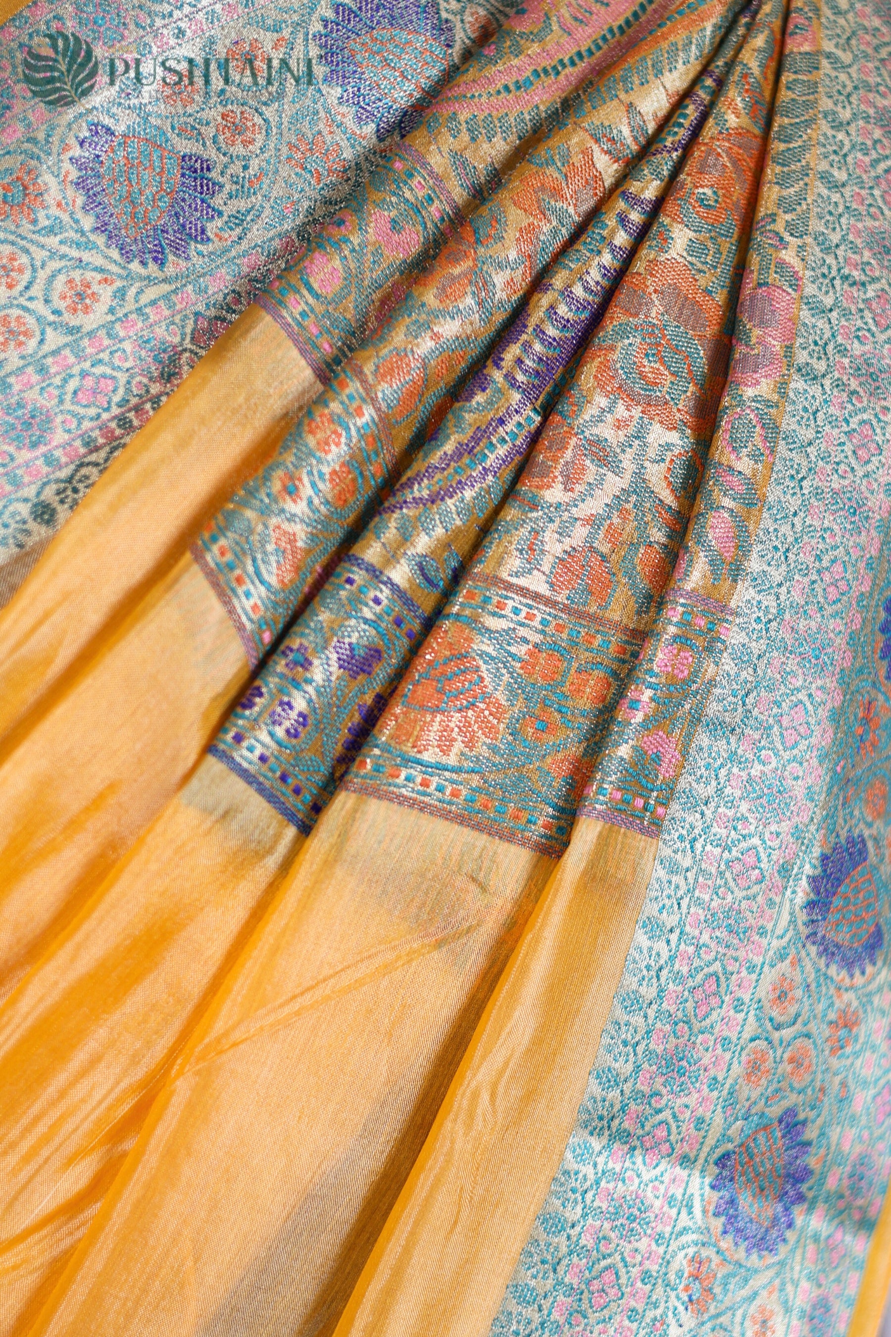 Yellow Pure Tussar Plain Saree with Multi Colour Meenakari Border