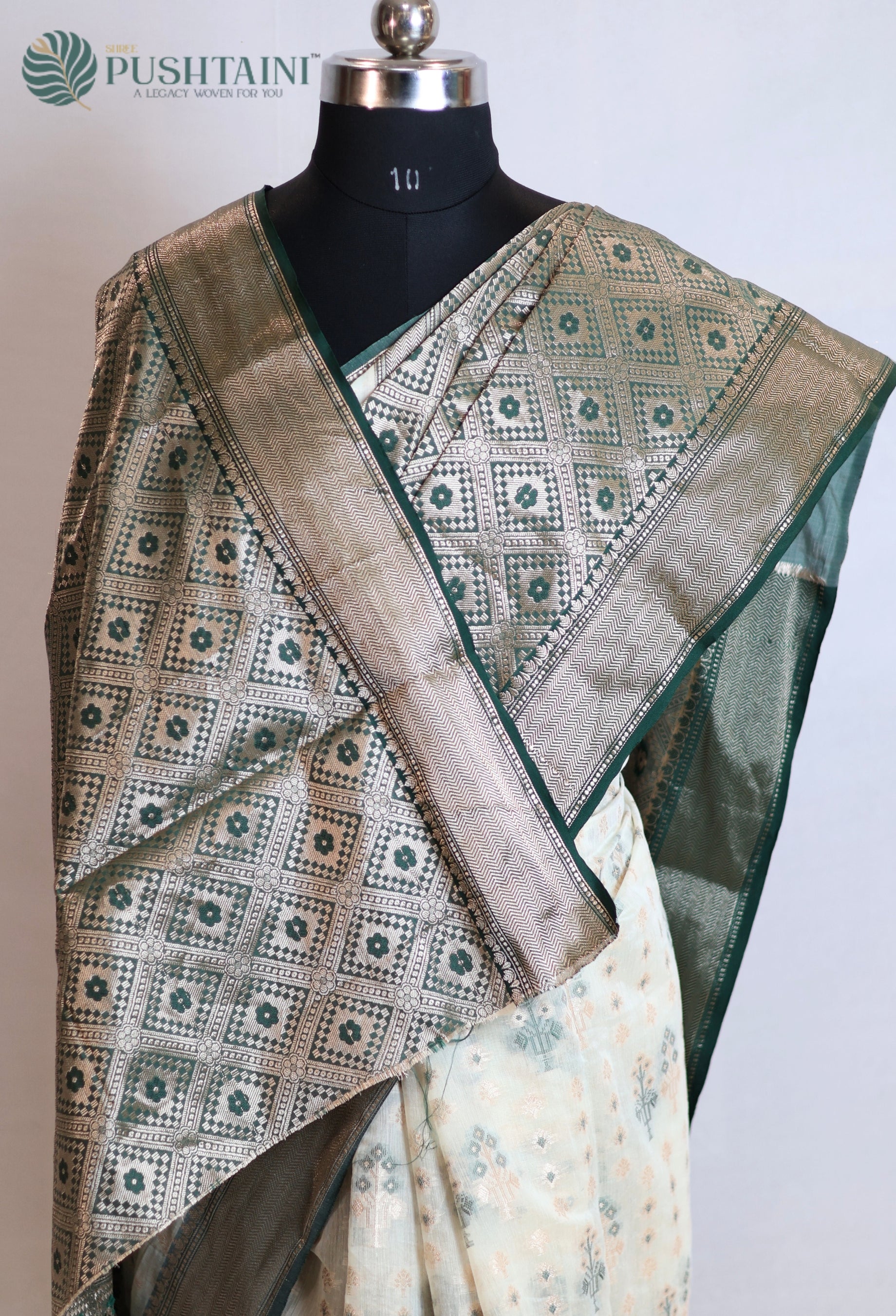 White Base Cotton Alfi Saree with Green Meena Border