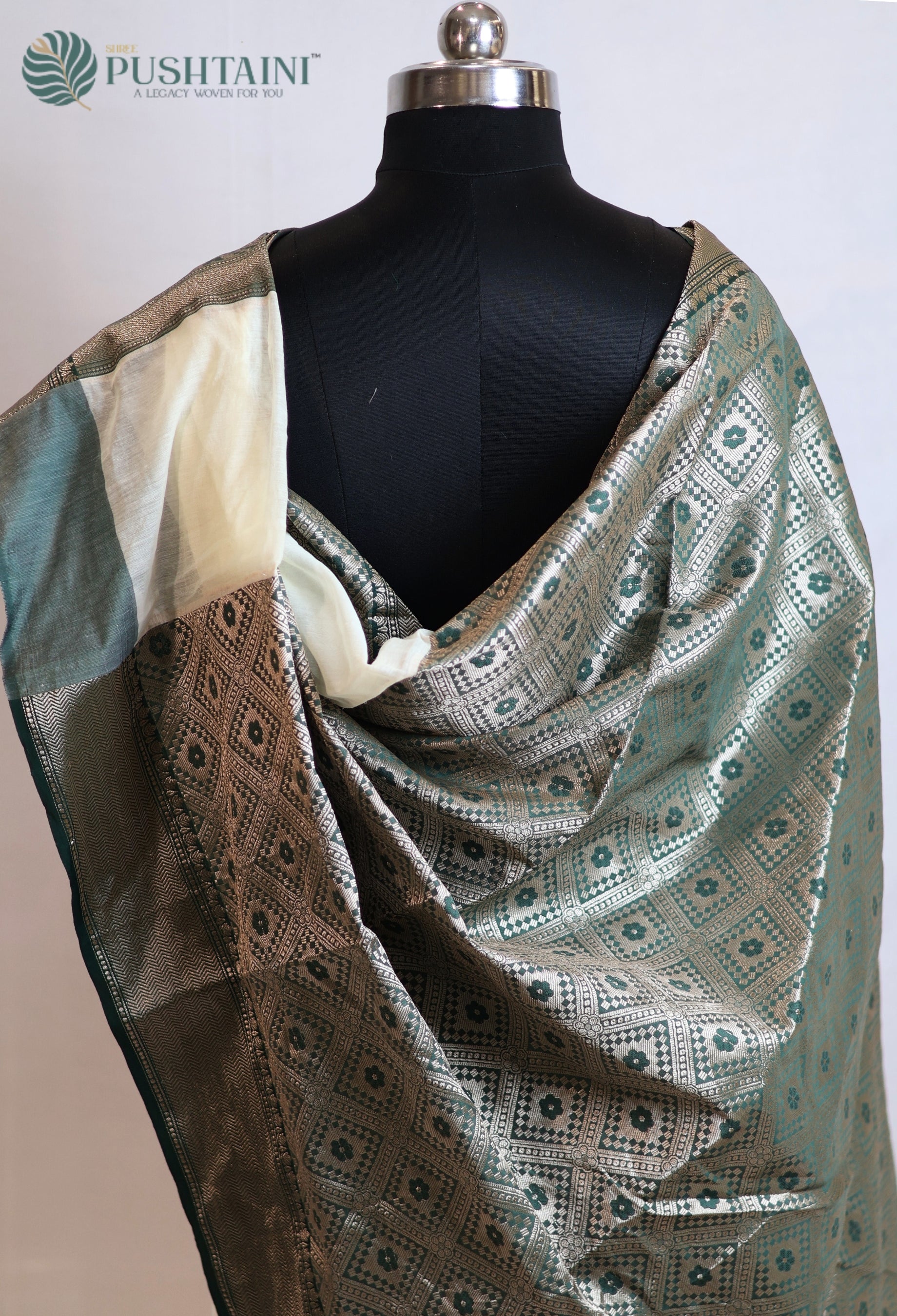 White Base Cotton Alfi Saree with Green Meena Border