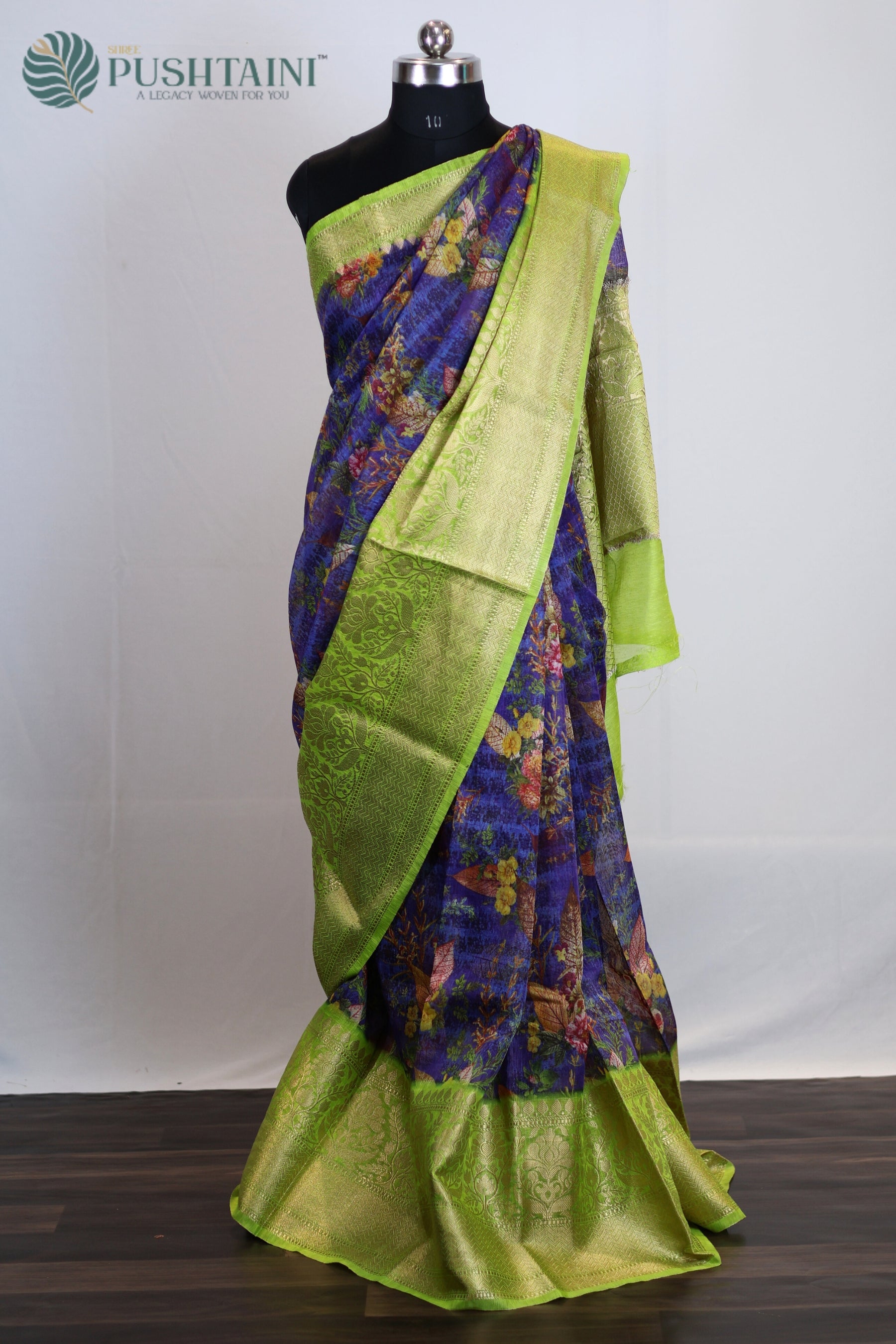 Light Green and Navy Pure Linen Saree with Digital Print work