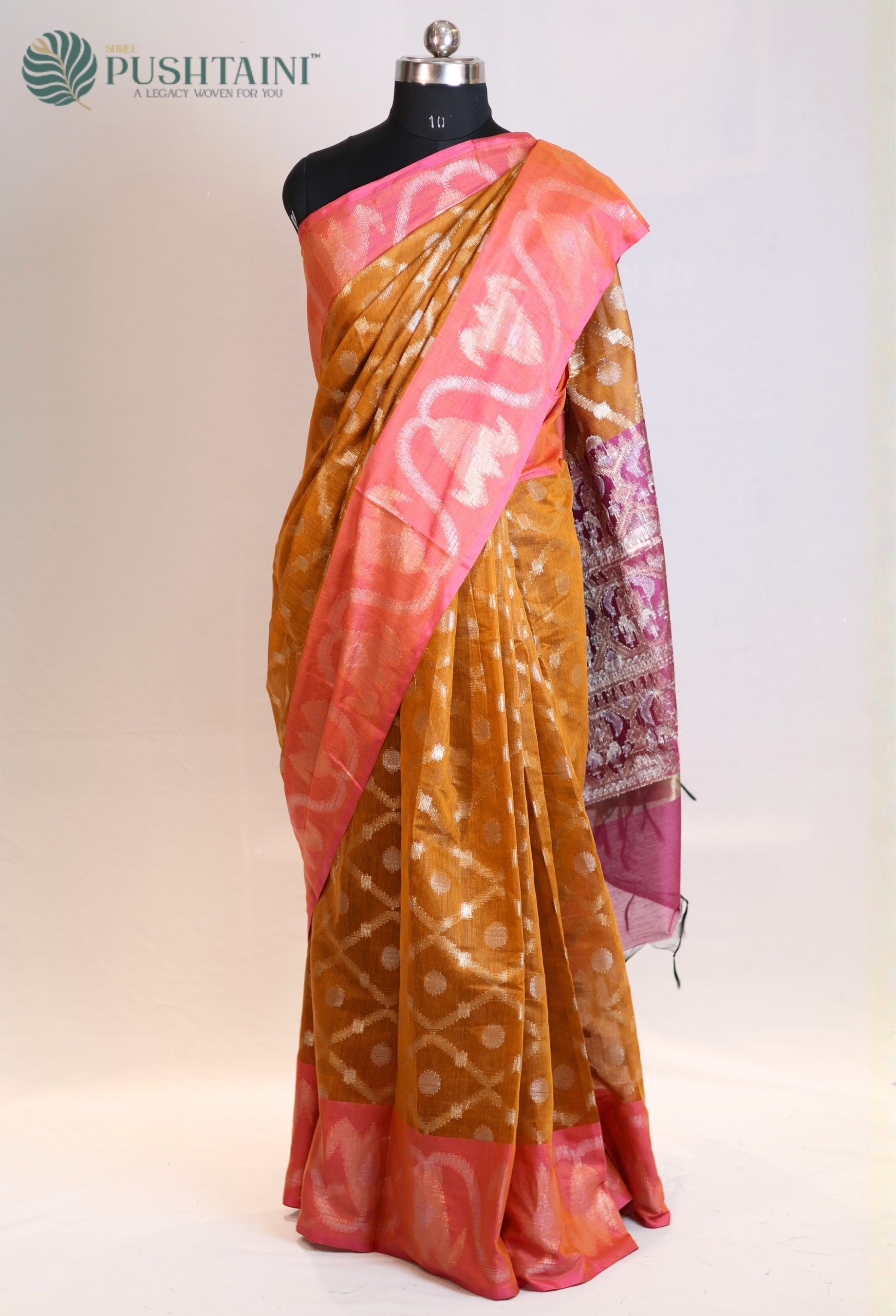 Orange Base Cotton Ikkat Saree with Pink Border