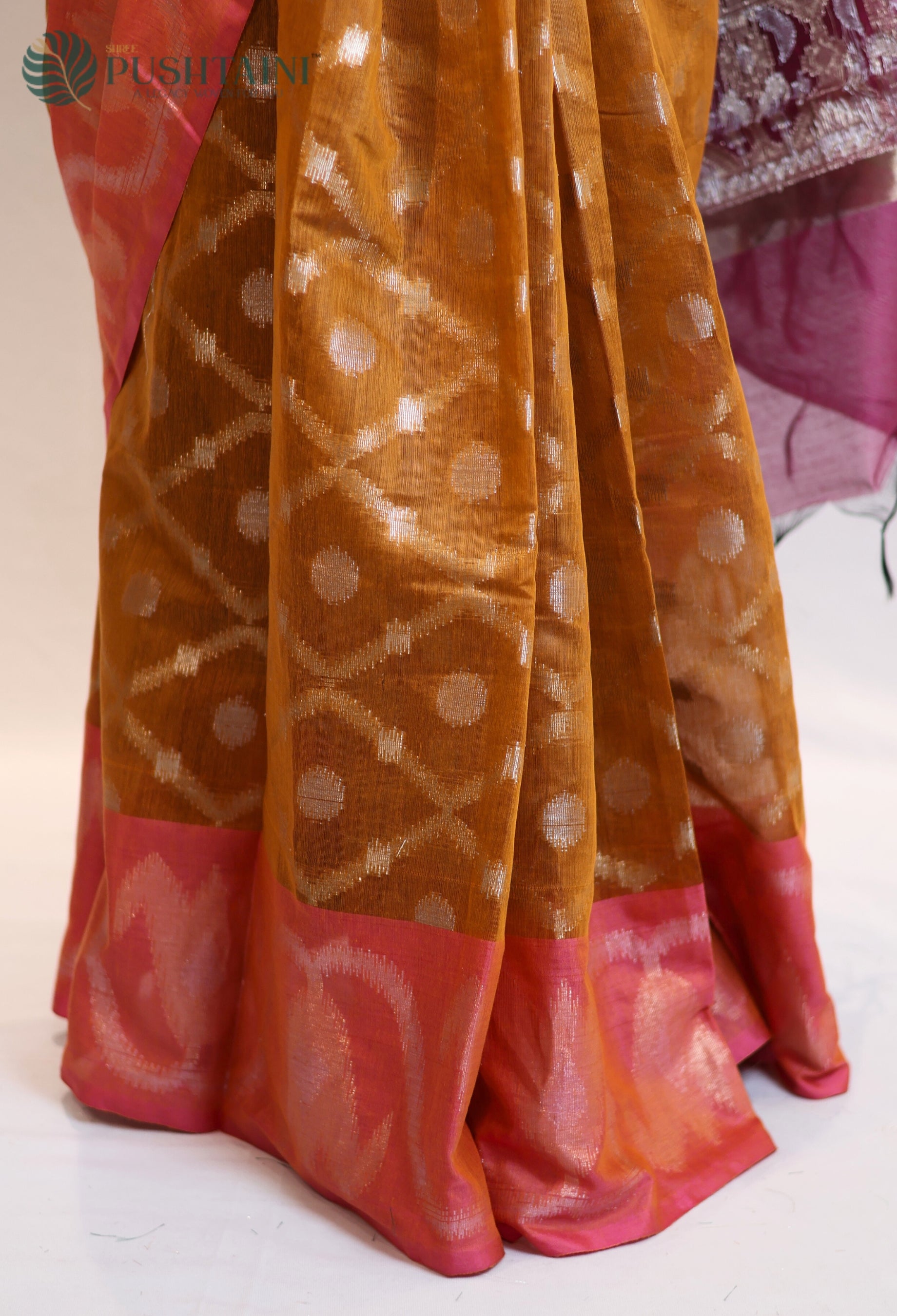 Orange Base Cotton Ikkat Saree with Pink Border