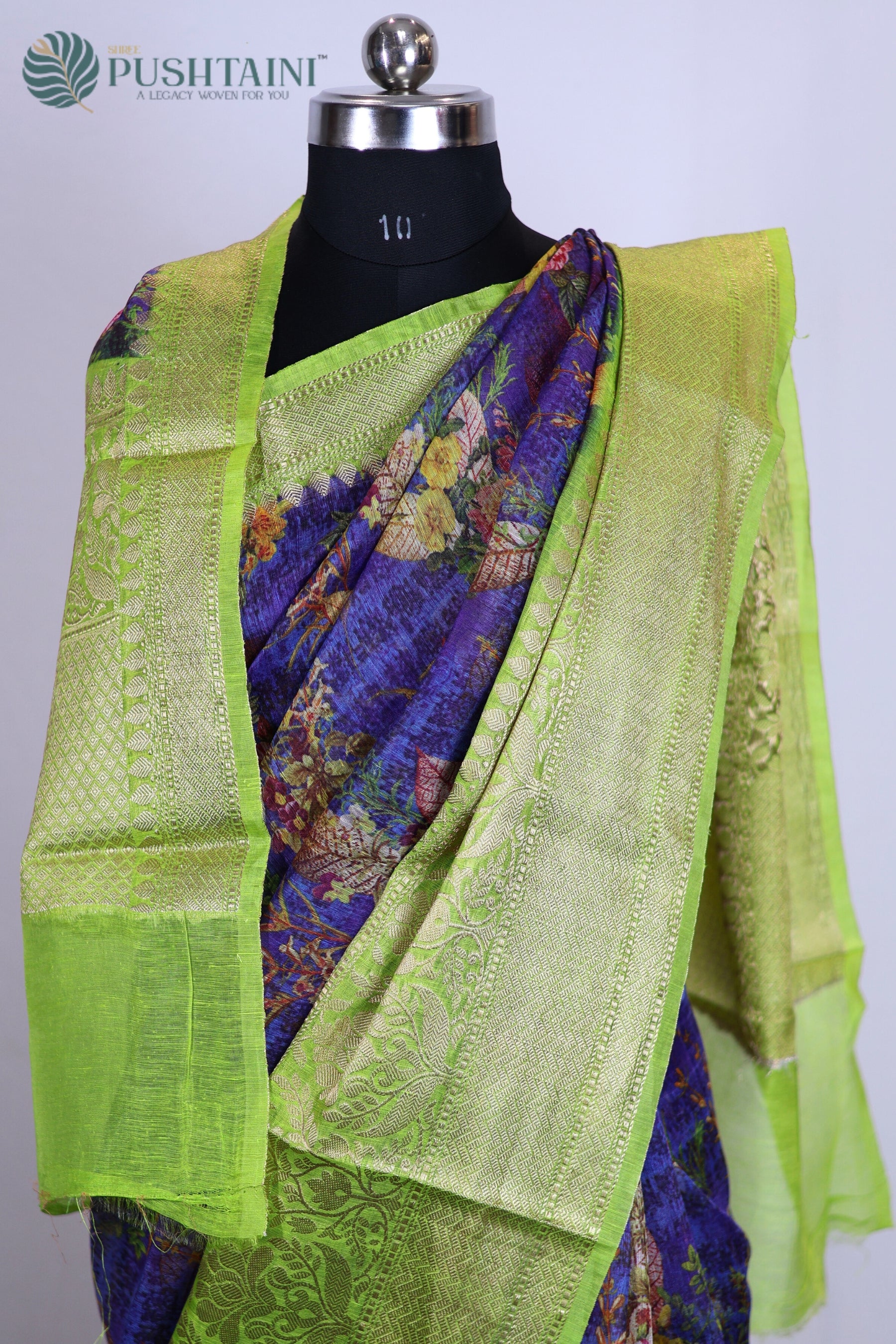 Light Green and Navy Pure Linen Saree with Digital Print work