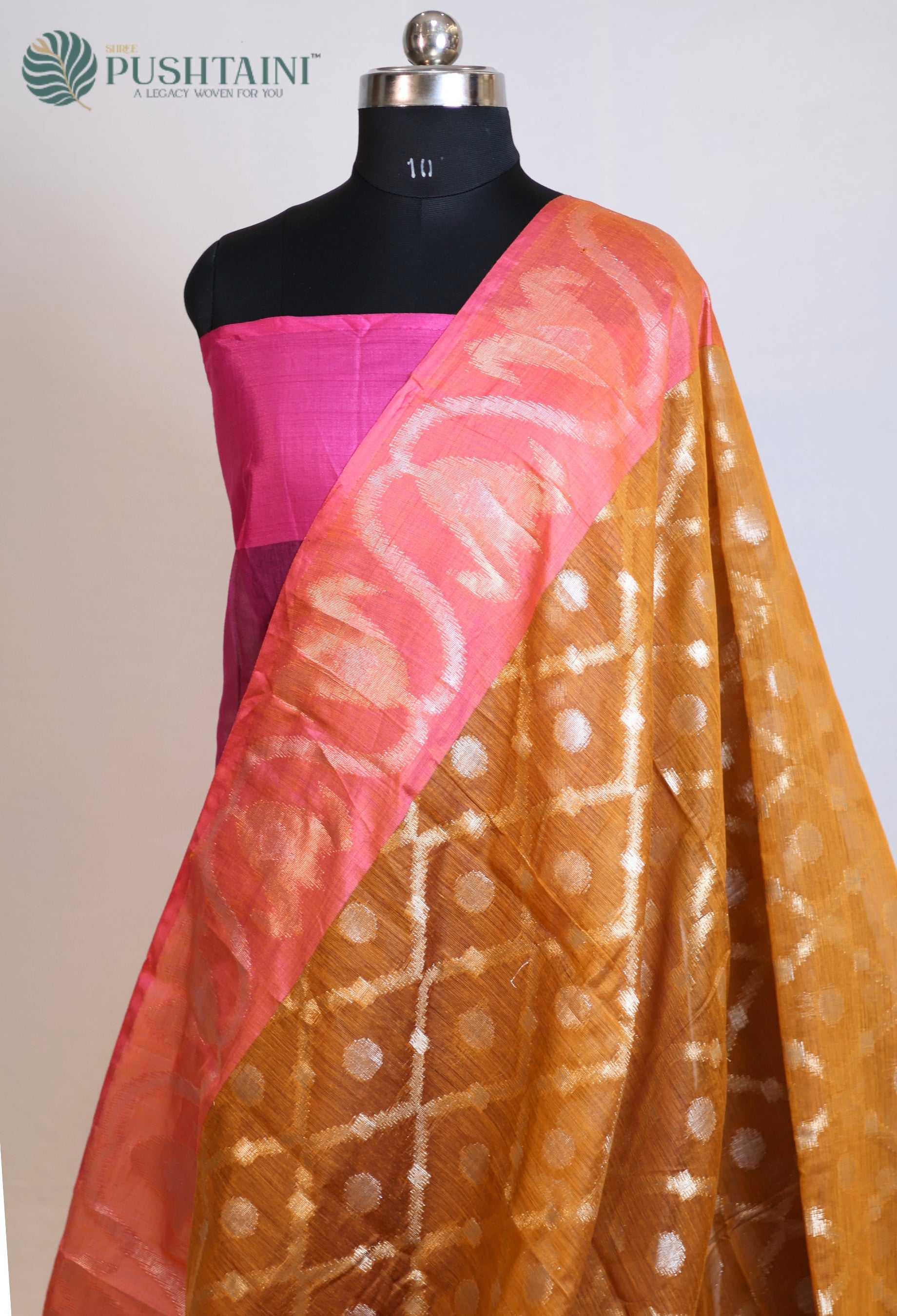 Orange Base Cotton Ikkat Saree with Pink Border