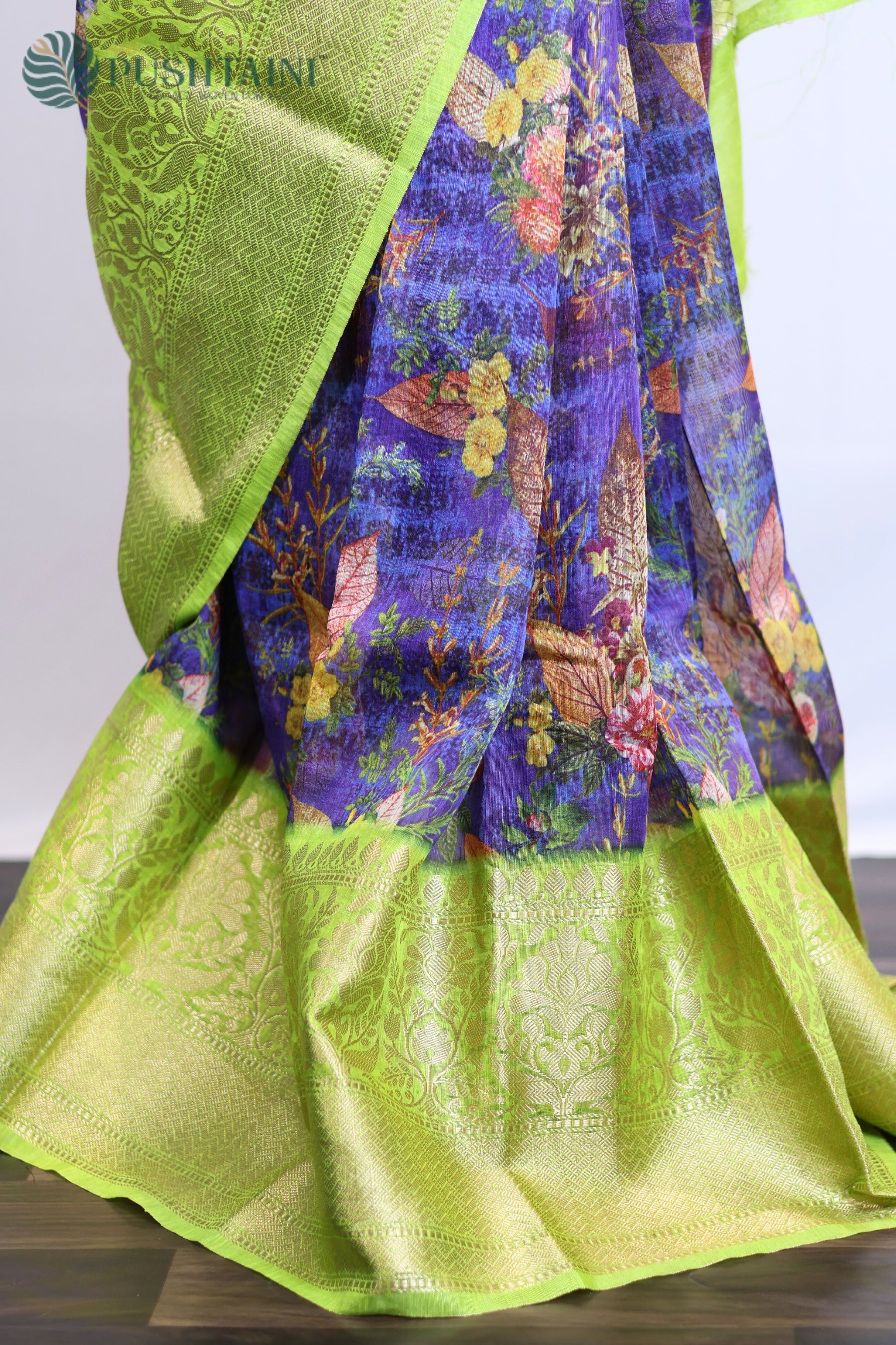 Light Green and Navy Pure Linen Saree with Digital Print work
