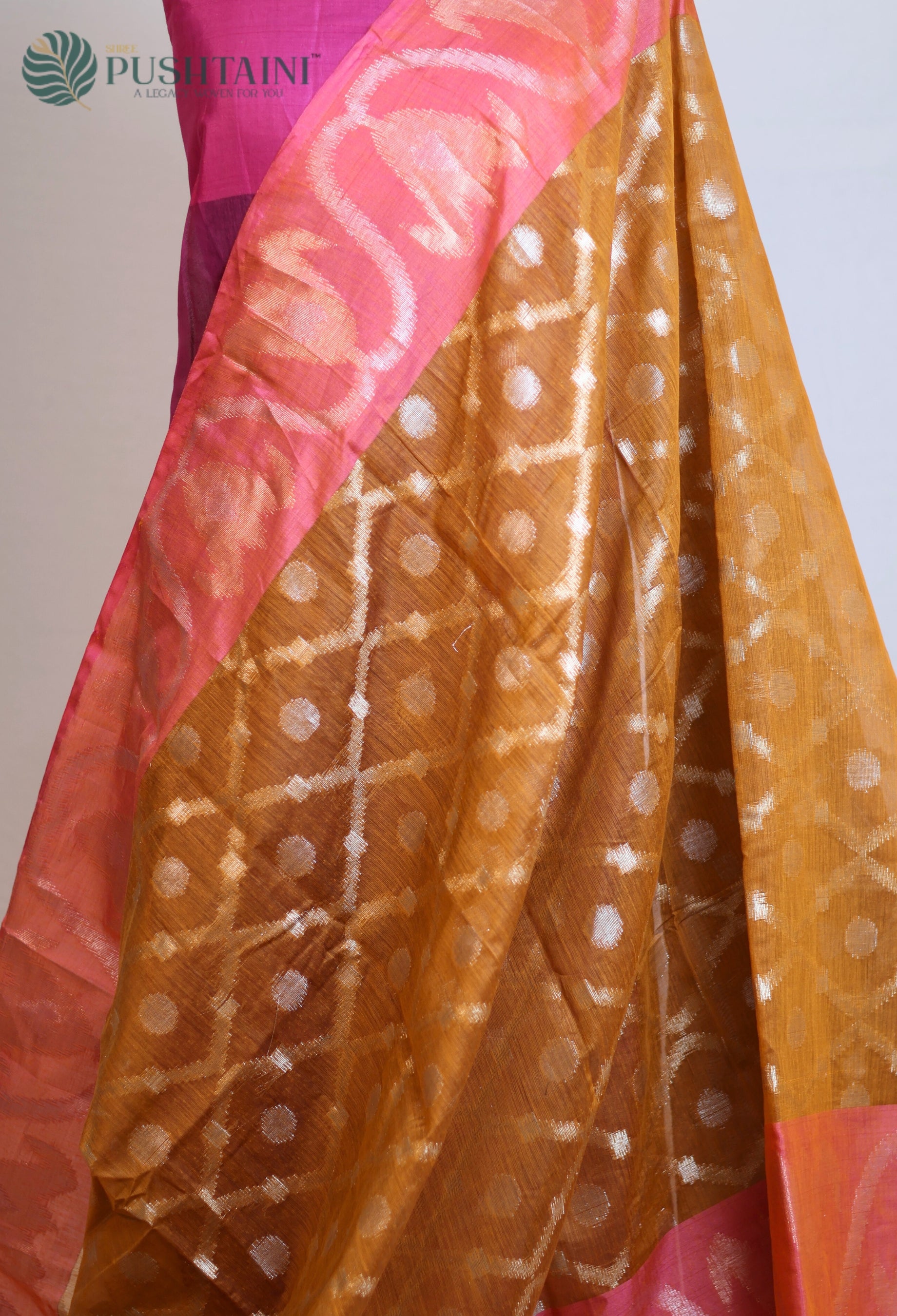 Orange Base Cotton Ikkat Saree with Pink Border