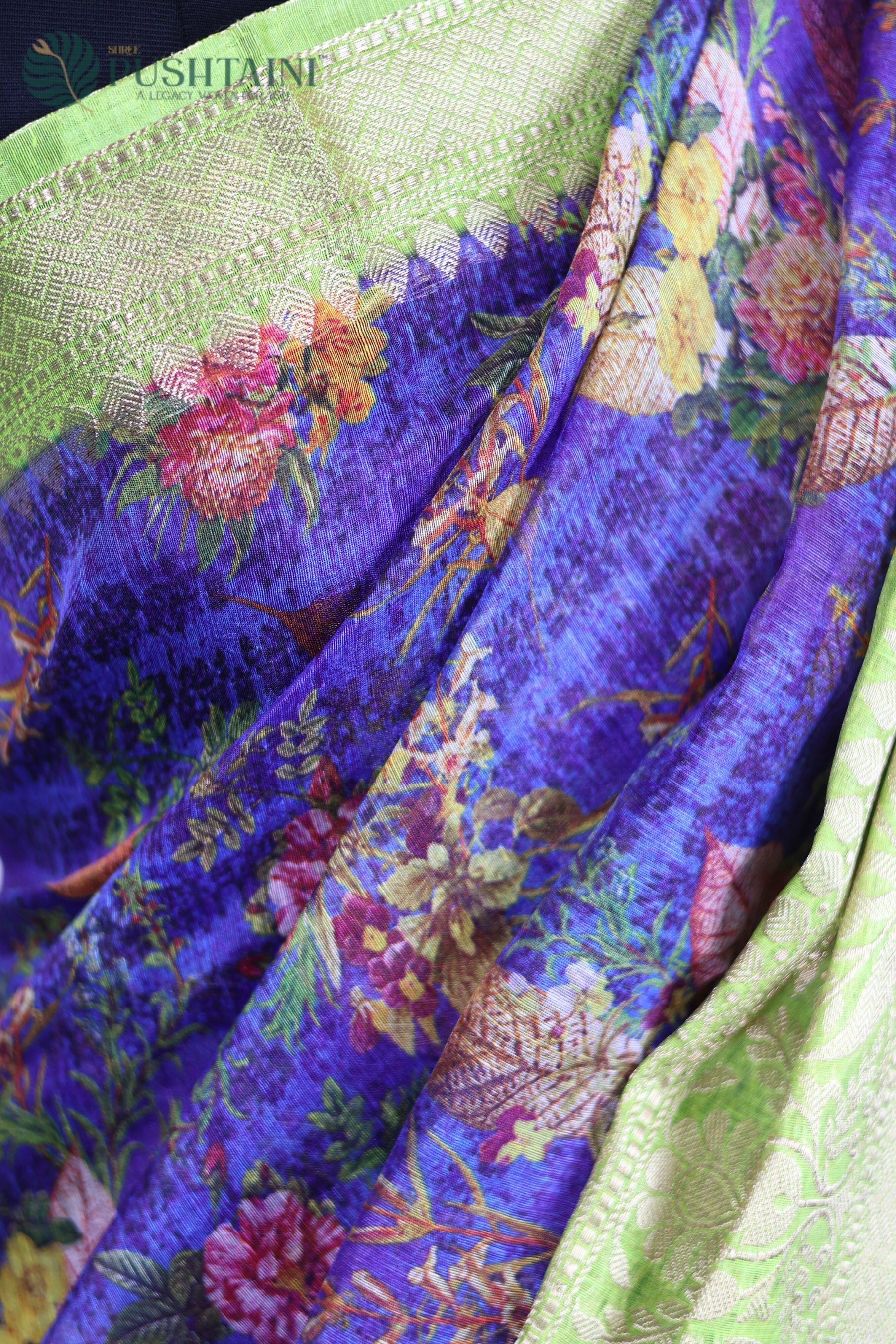 Light Green and Navy Pure Linen Saree with Digital Print work