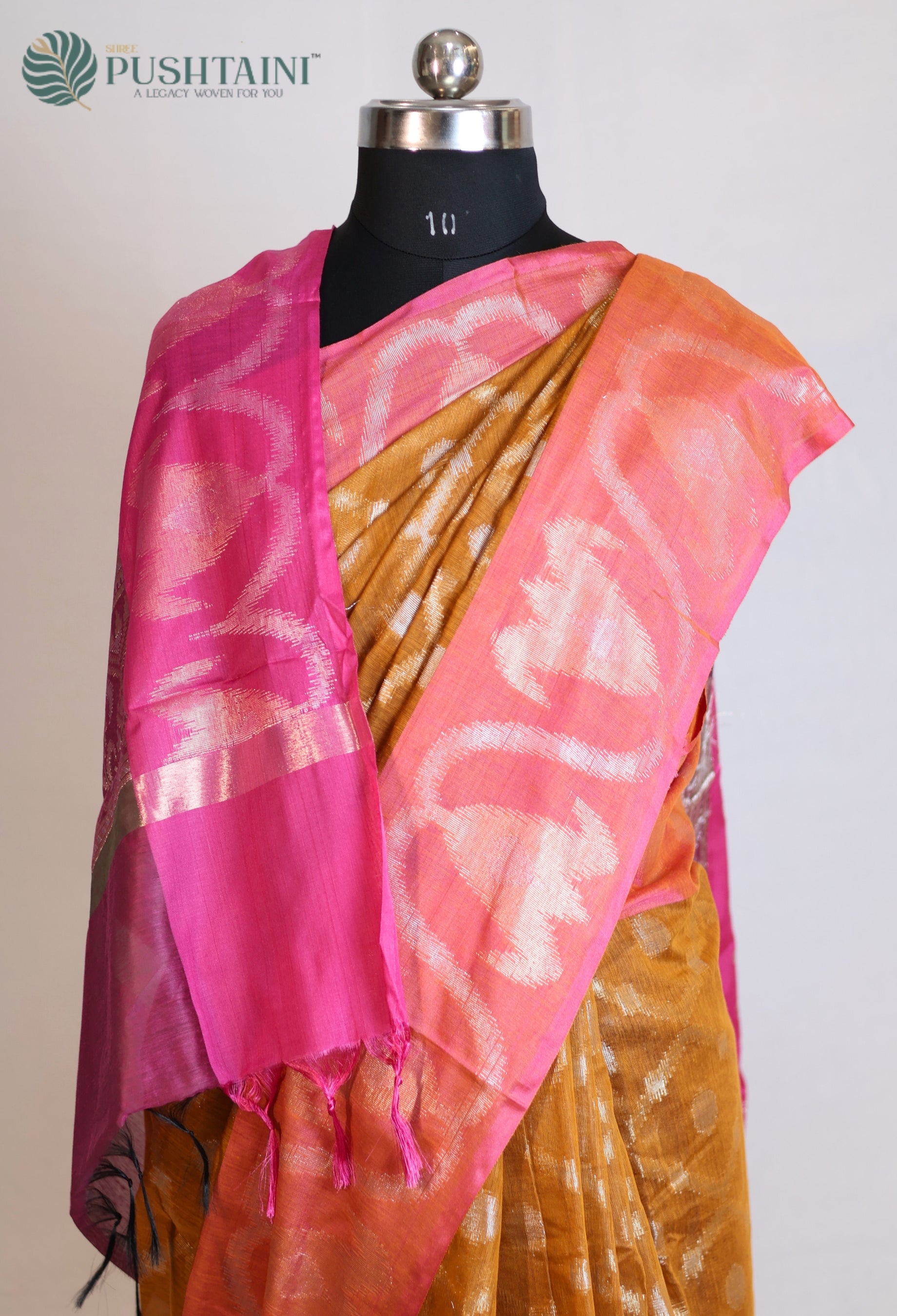 Orange Base Cotton Ikkat Saree with Pink Border