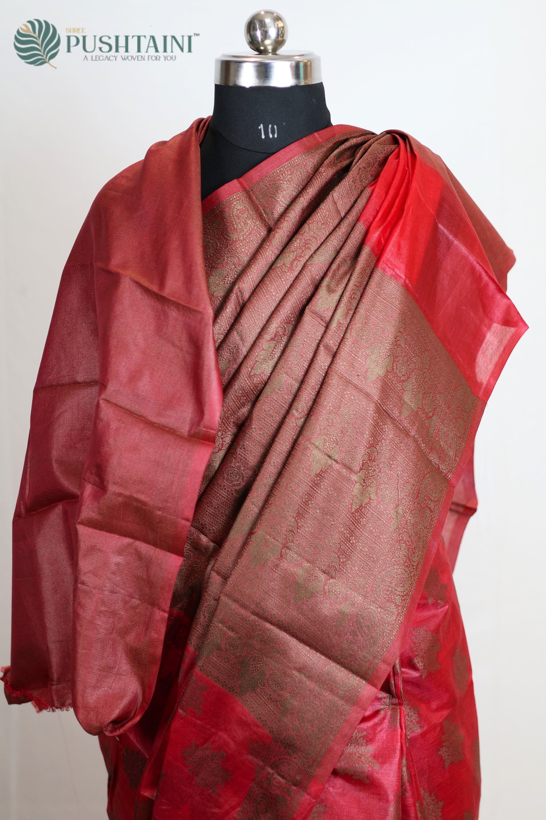 Red Pure Tussar Saree with Bottle Green Resham Buti work