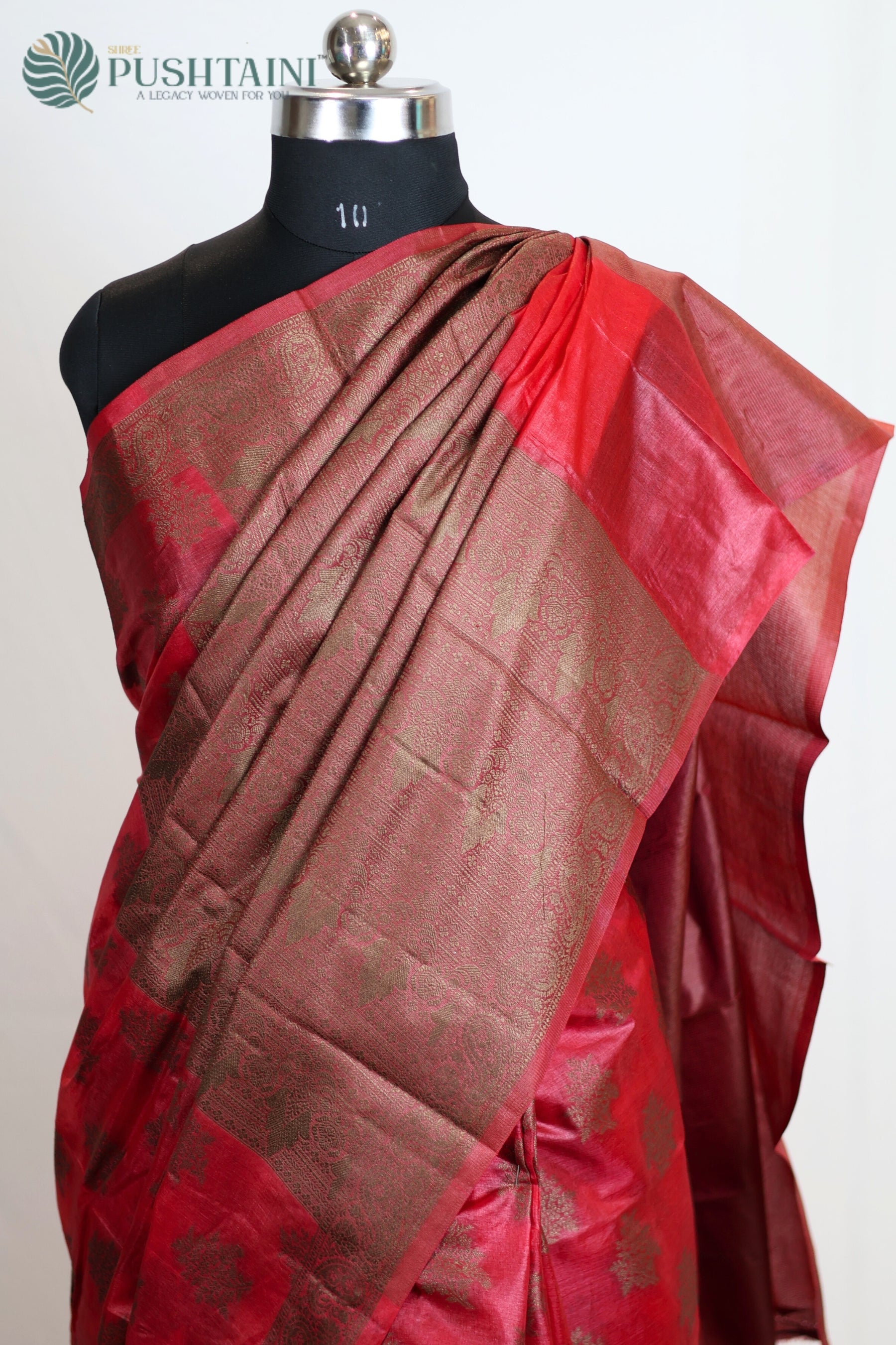 Red Pure Tussar Saree with Bottle Green Resham Buti work