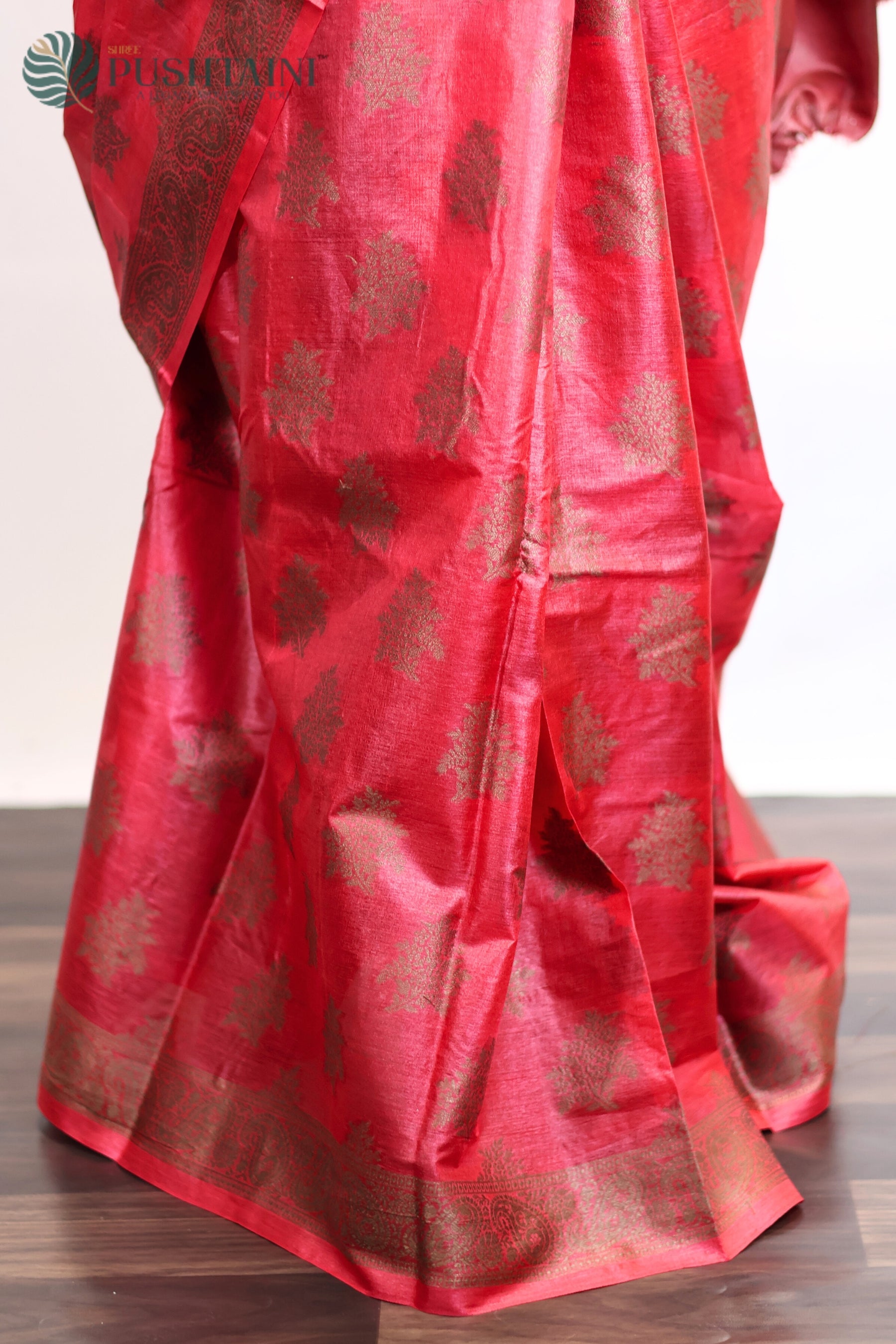 Red Pure Tussar Saree with Bottle Green Resham Buti work