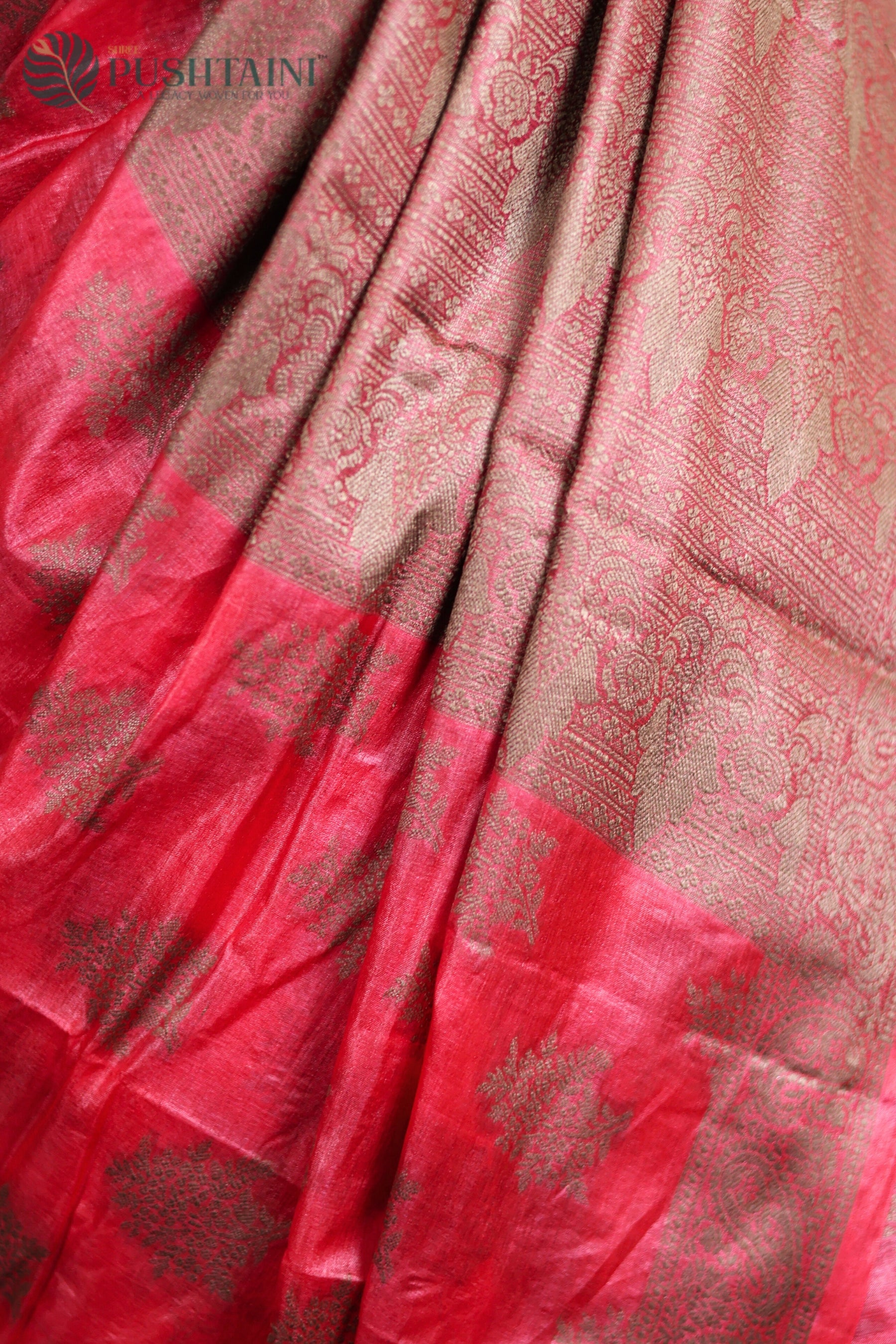 Red Pure Tussar Saree with Bottle Green Resham Buti work