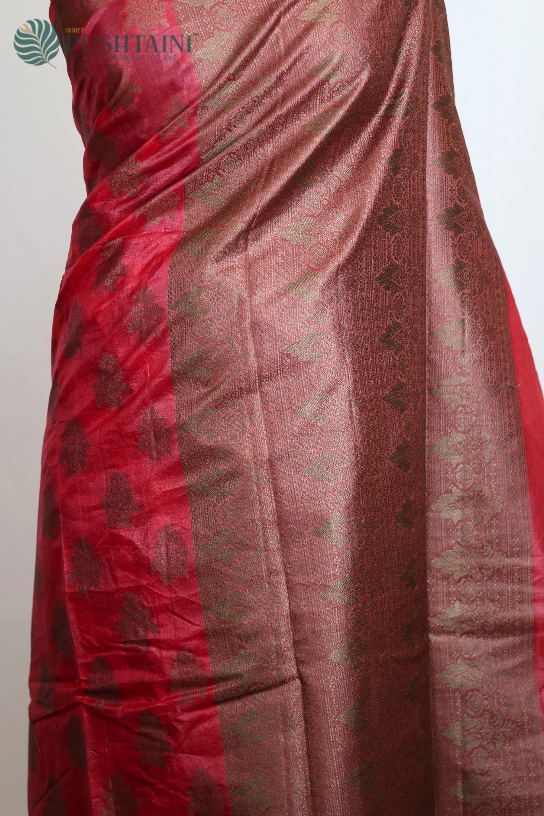 Red Pure Tussar Saree with Bottle Green Resham Buti work
