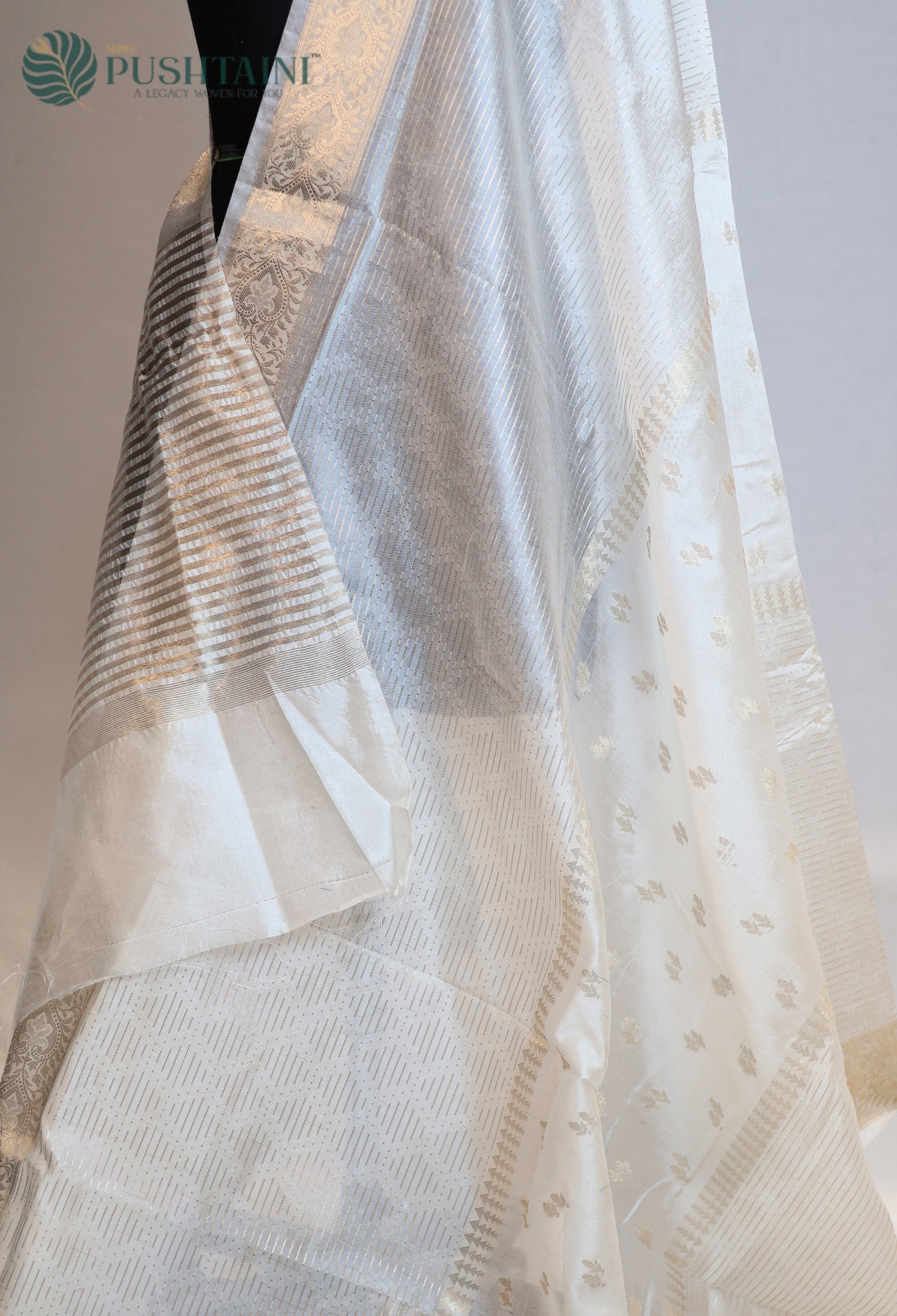 Off White (Dyeable) Semi Viscos Georgette Banarasi Saree with Gold Zari Work