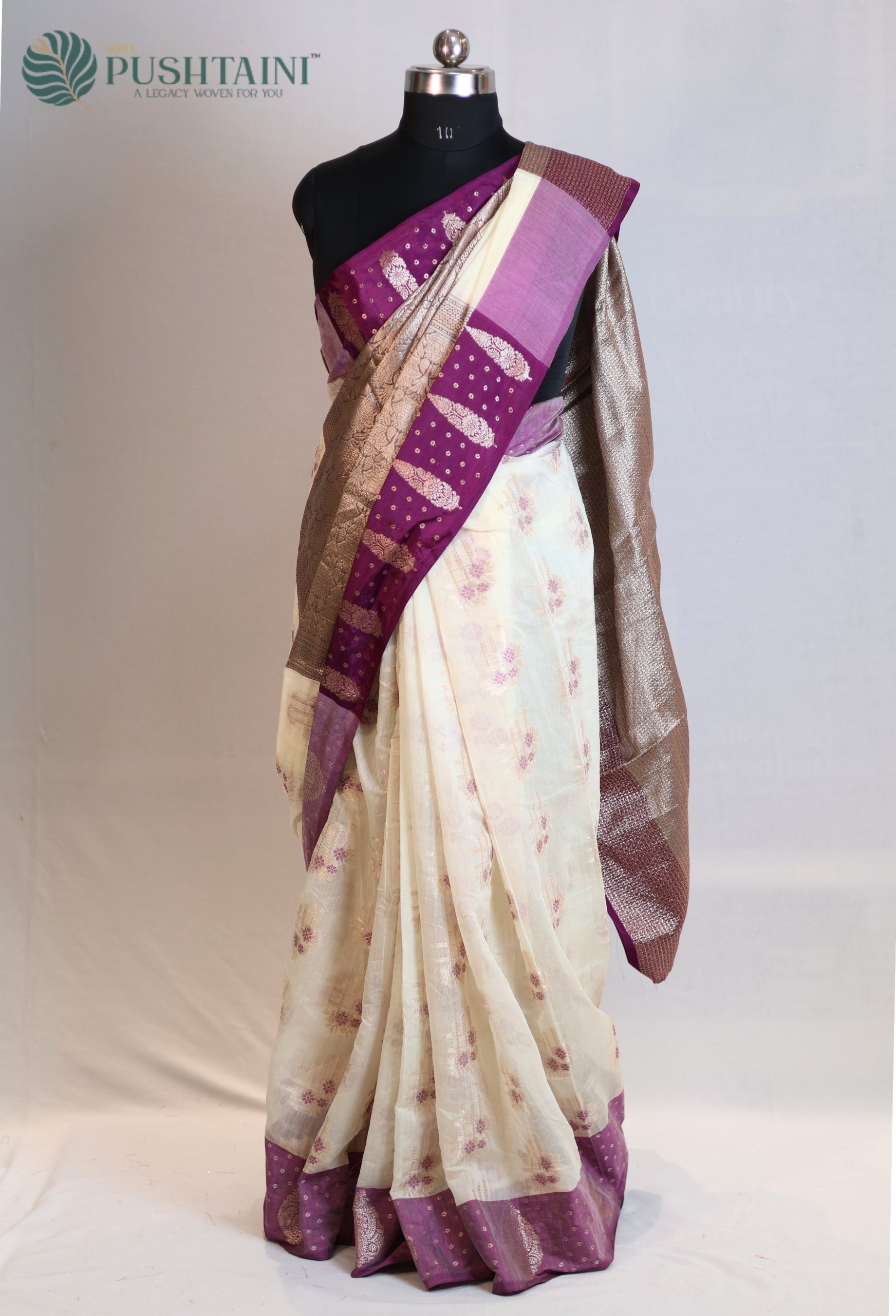White Base Cotton Alfi Saree with Purple Meena Border