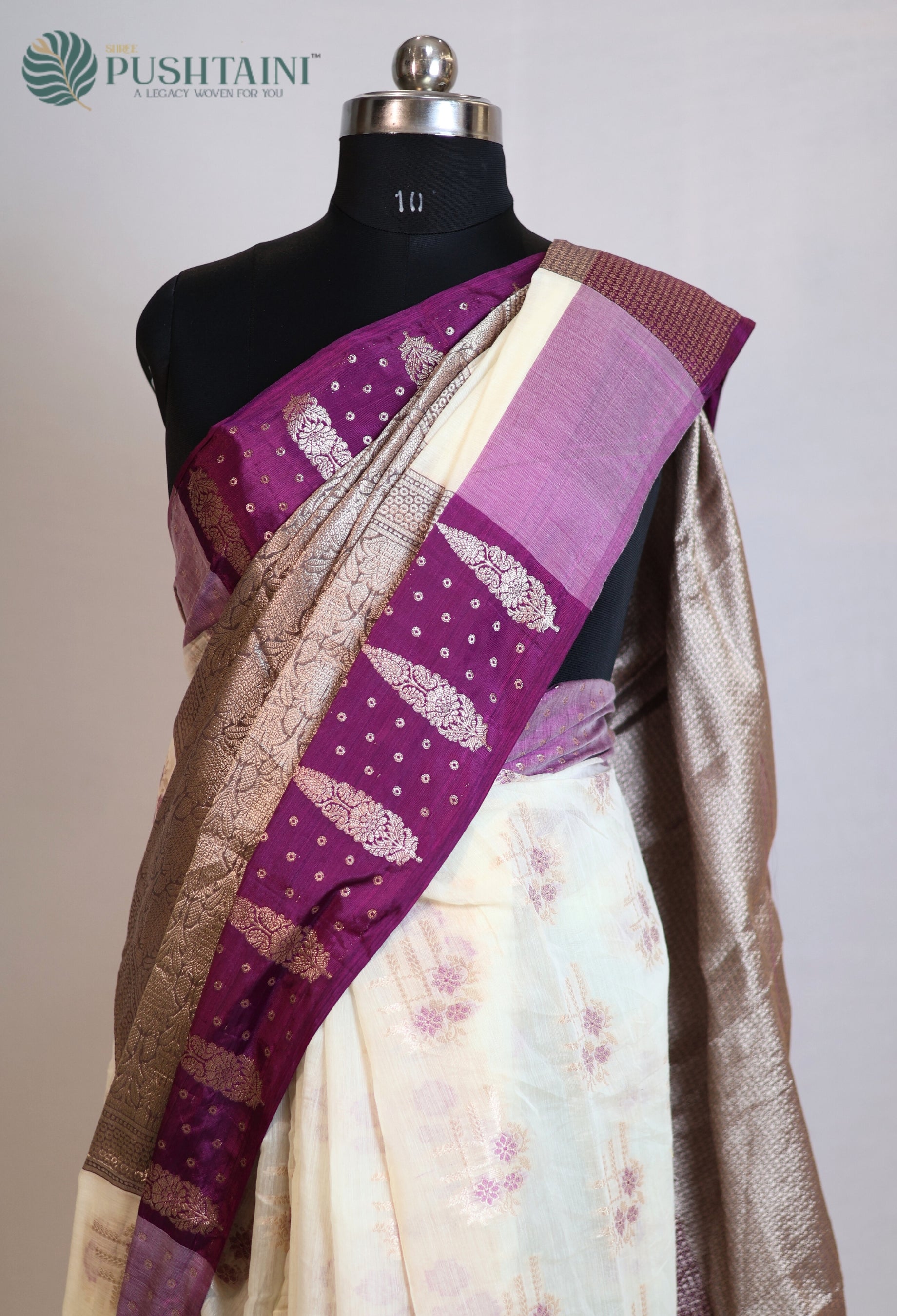 White Base Cotton Alfi Saree with Purple Meena Border