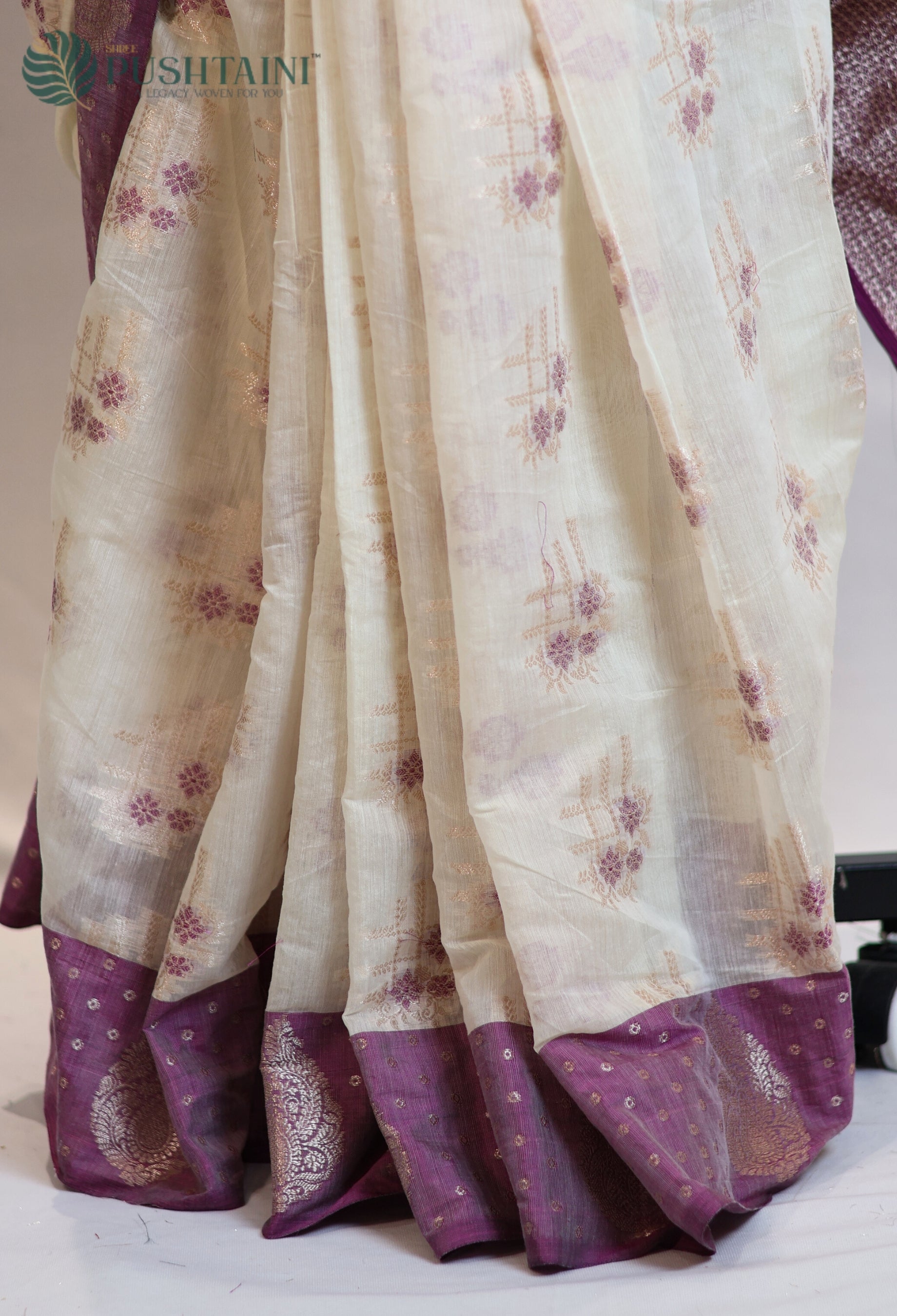 White Base Cotton Alfi Saree with Purple Meena Border