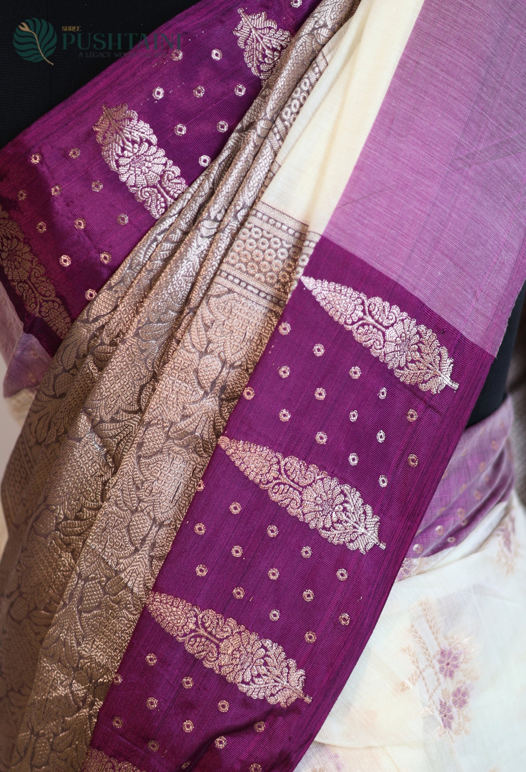 White Base Cotton Alfi Saree with Purple Meena Border