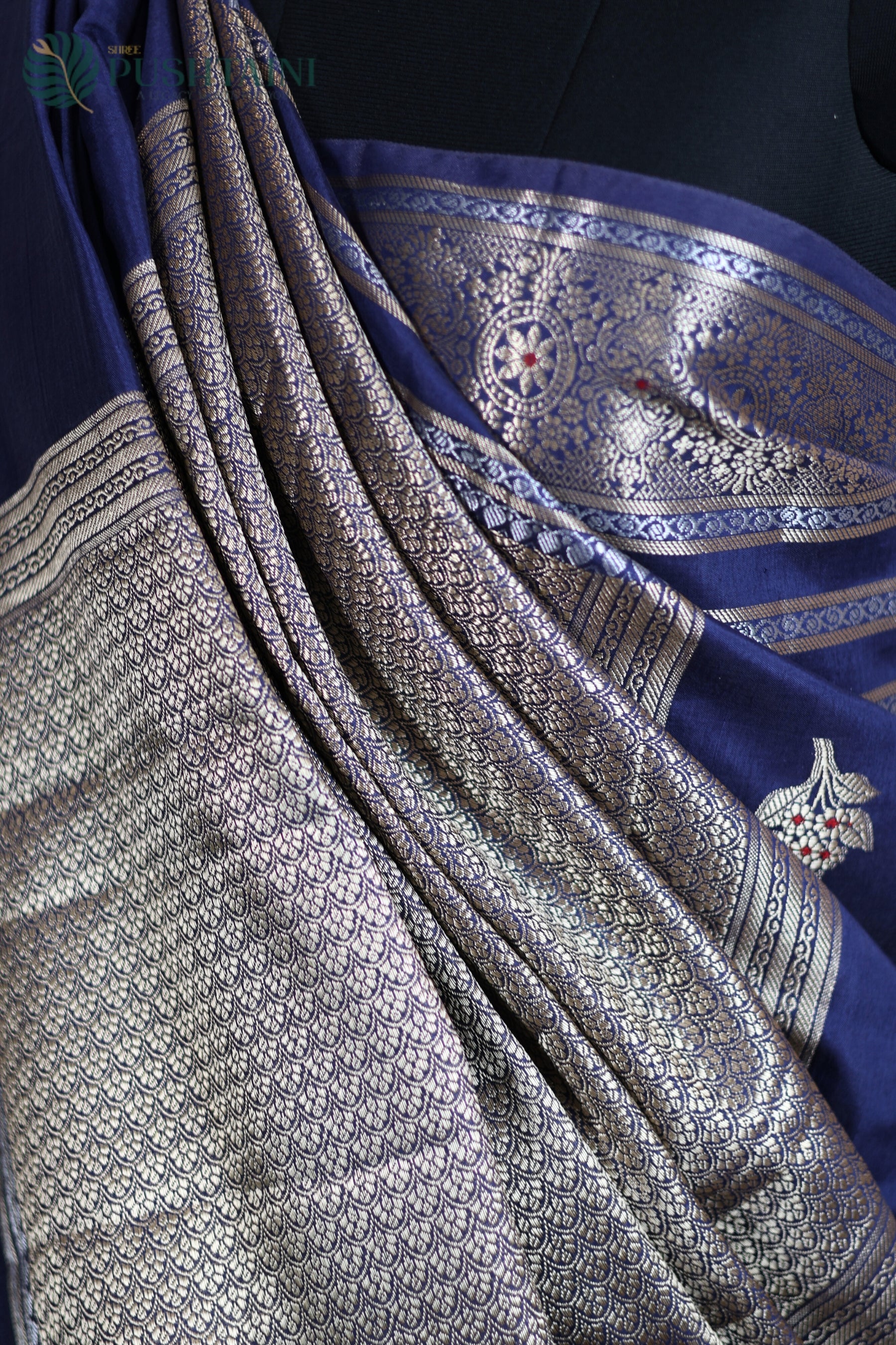 Navy Blue Semi Viscos Georgette Saree with Red Meenakari Touch