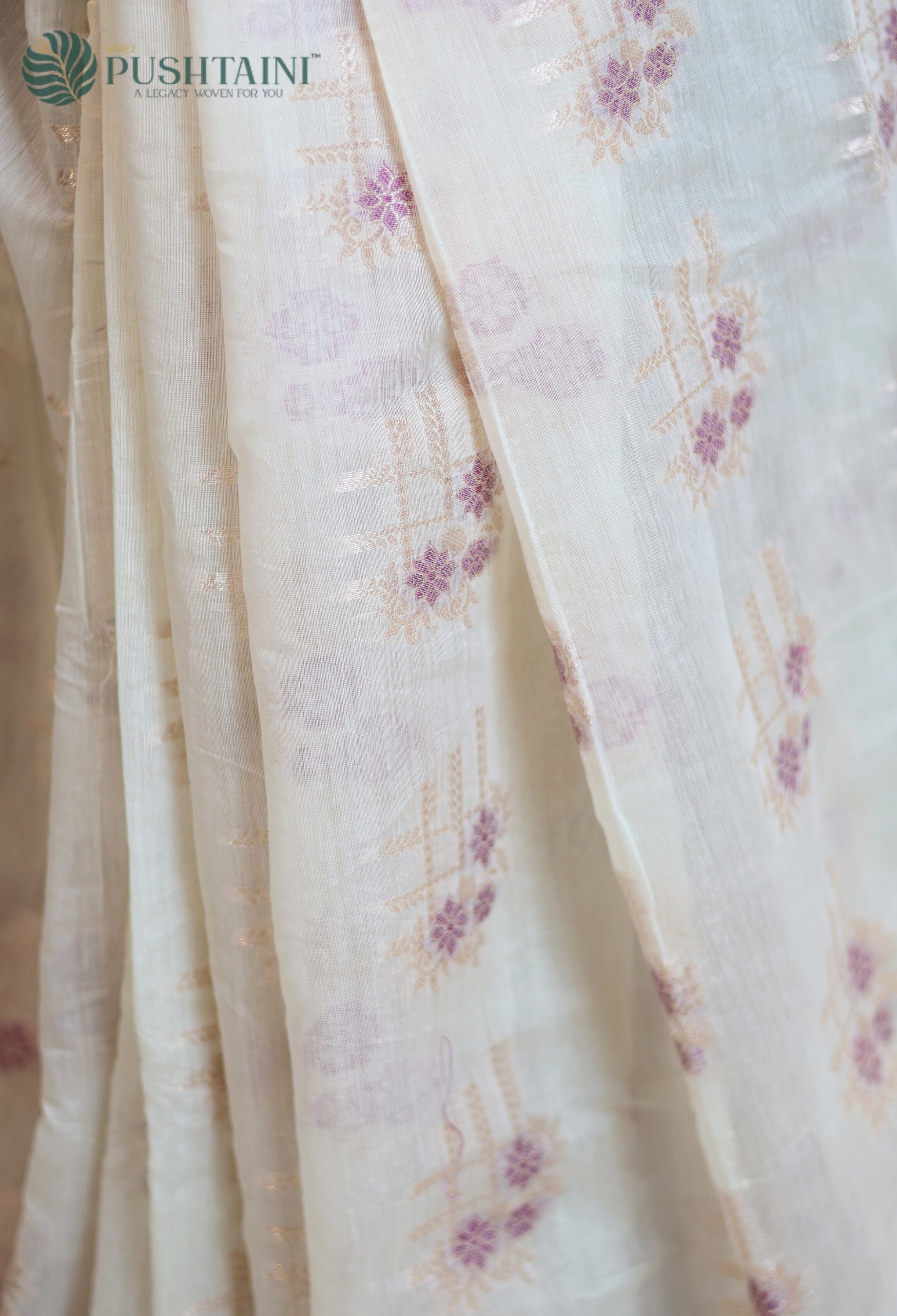 White Base Cotton Alfi Saree with Purple Meena Border