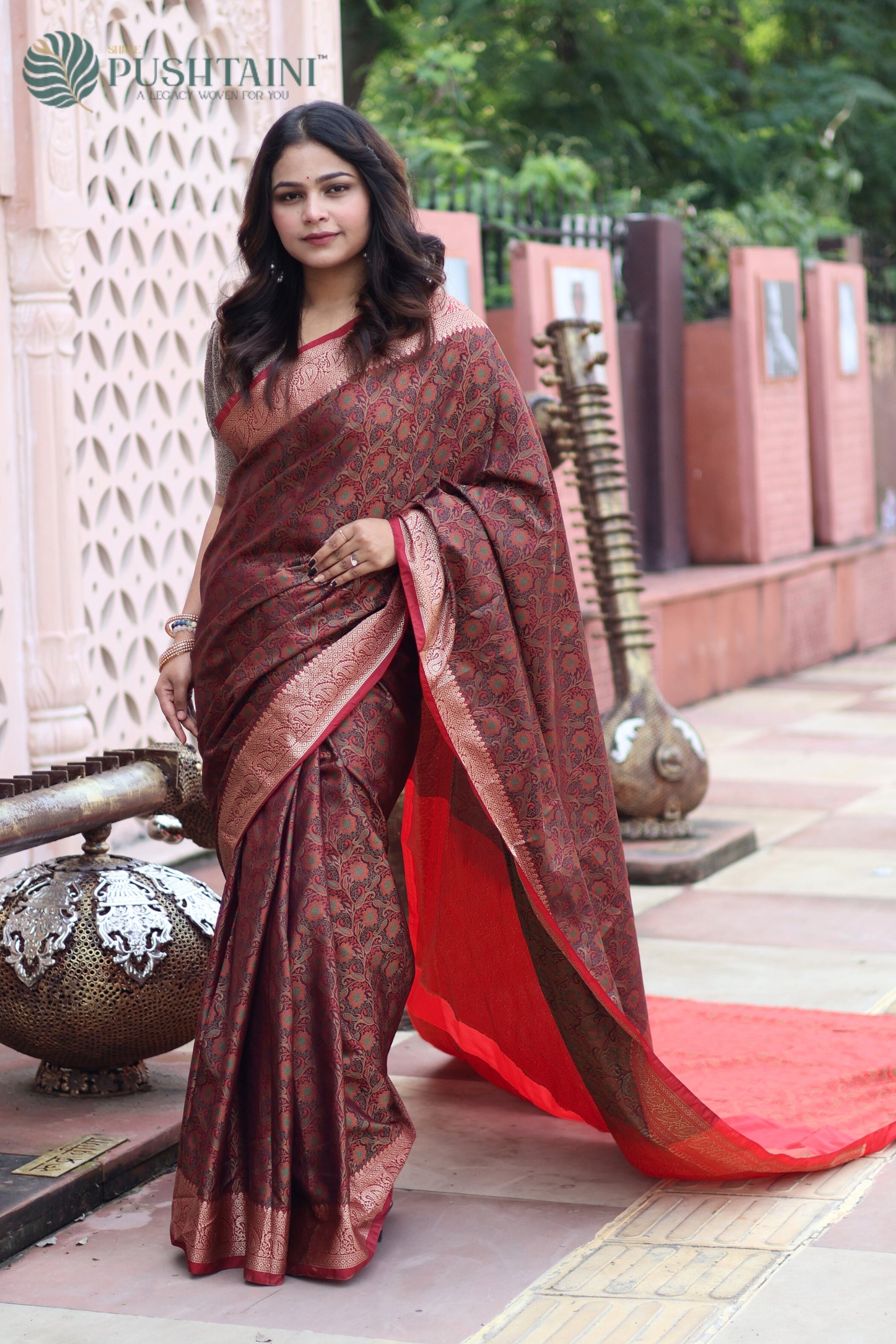 Brown Semi Katan Tanchoi Silk Banarasi Saree with Multi Meenakari Touch