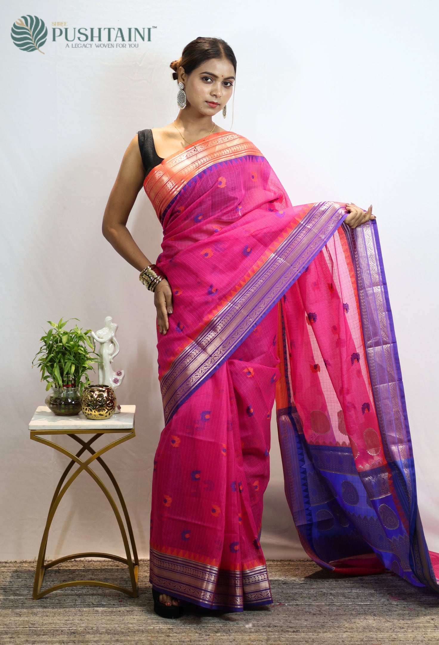 Rani Pink Kota Doria Saree with Anchal Border work