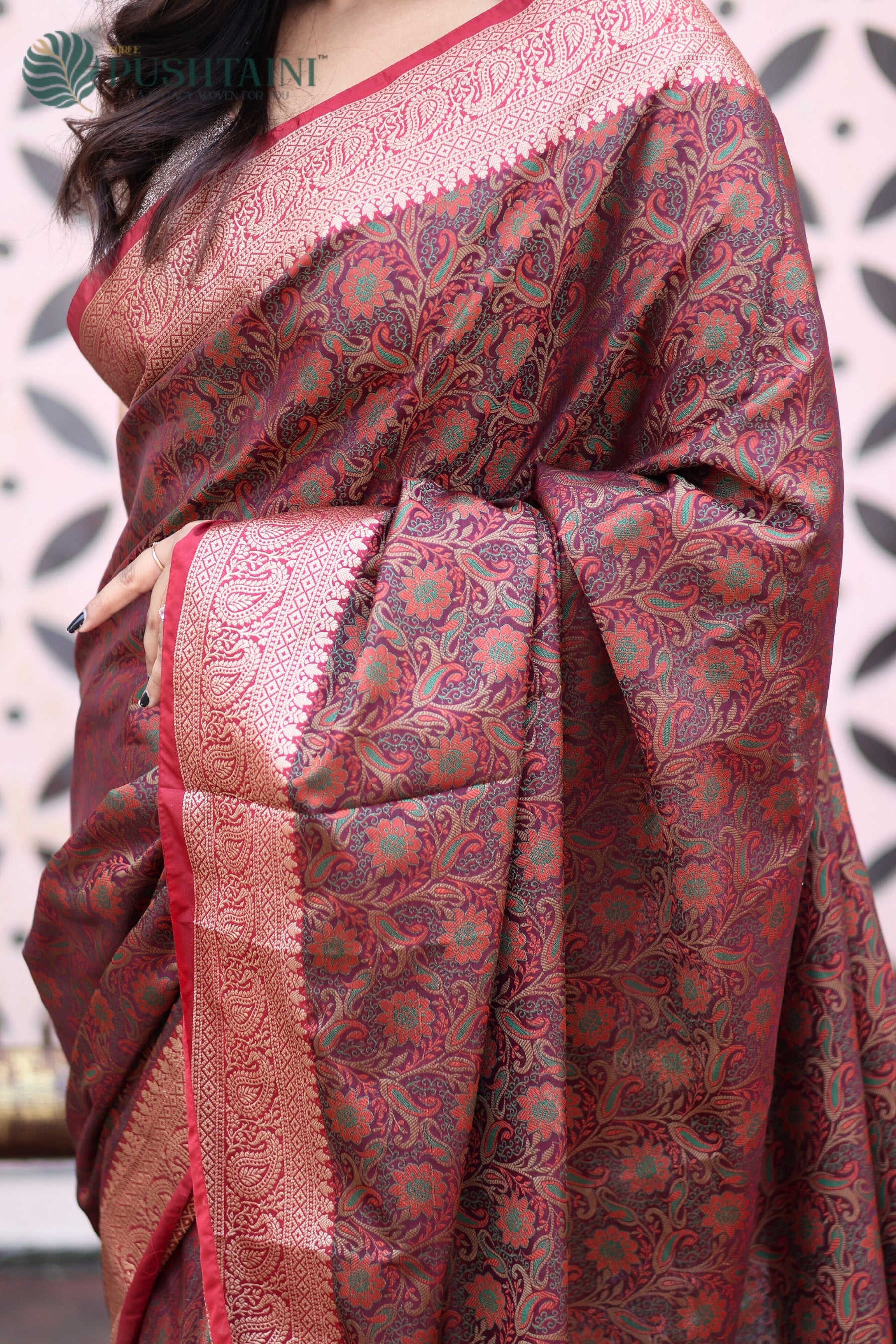 Brown Semi Katan Tanchoi Silk Banarasi Saree with Multi Meenakari Touch