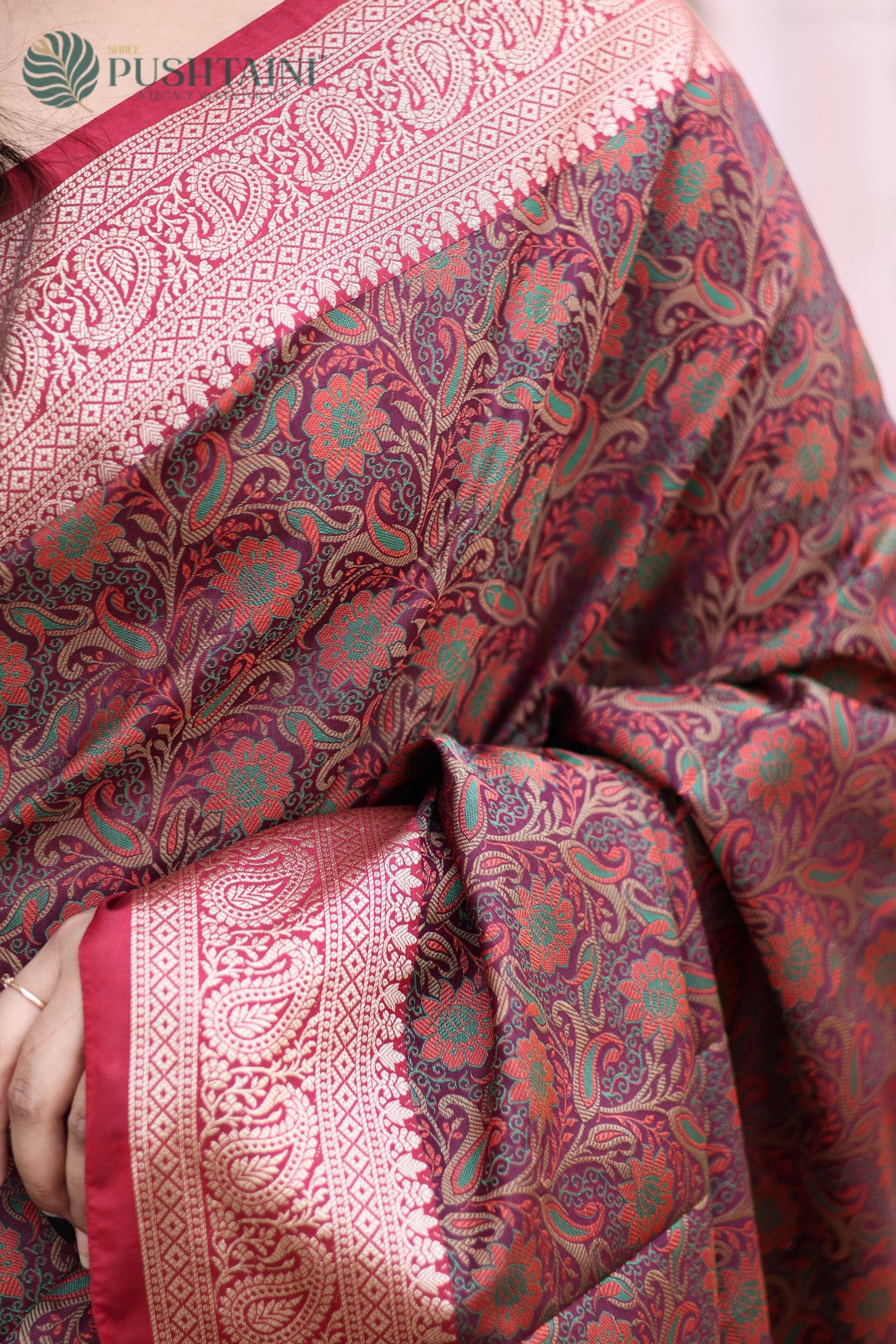 Brown Semi Katan Tanchoi Silk Banarasi Saree with Multi Meenakari Touch