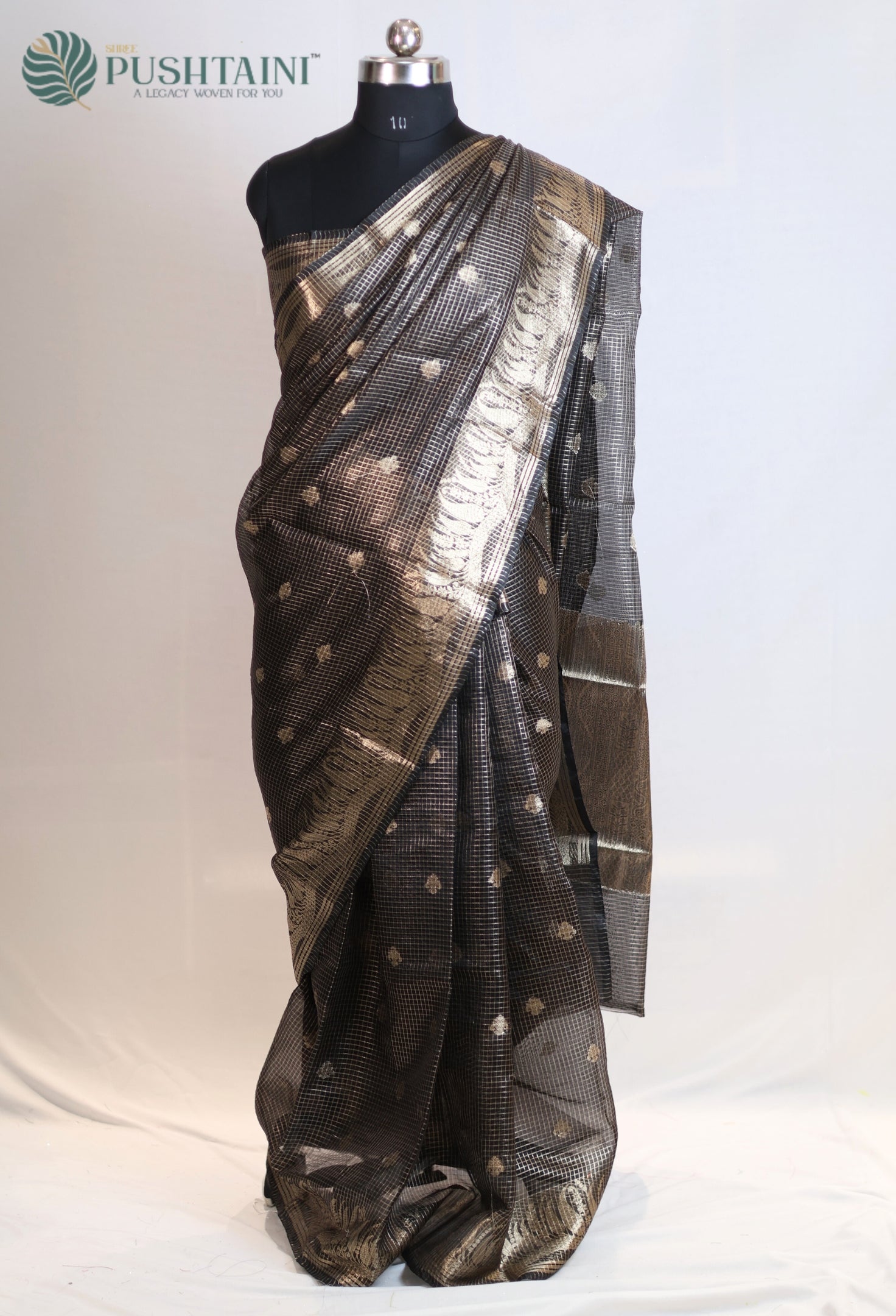 Matt Black Art Silk Saree with Metallic Gold Zari Check