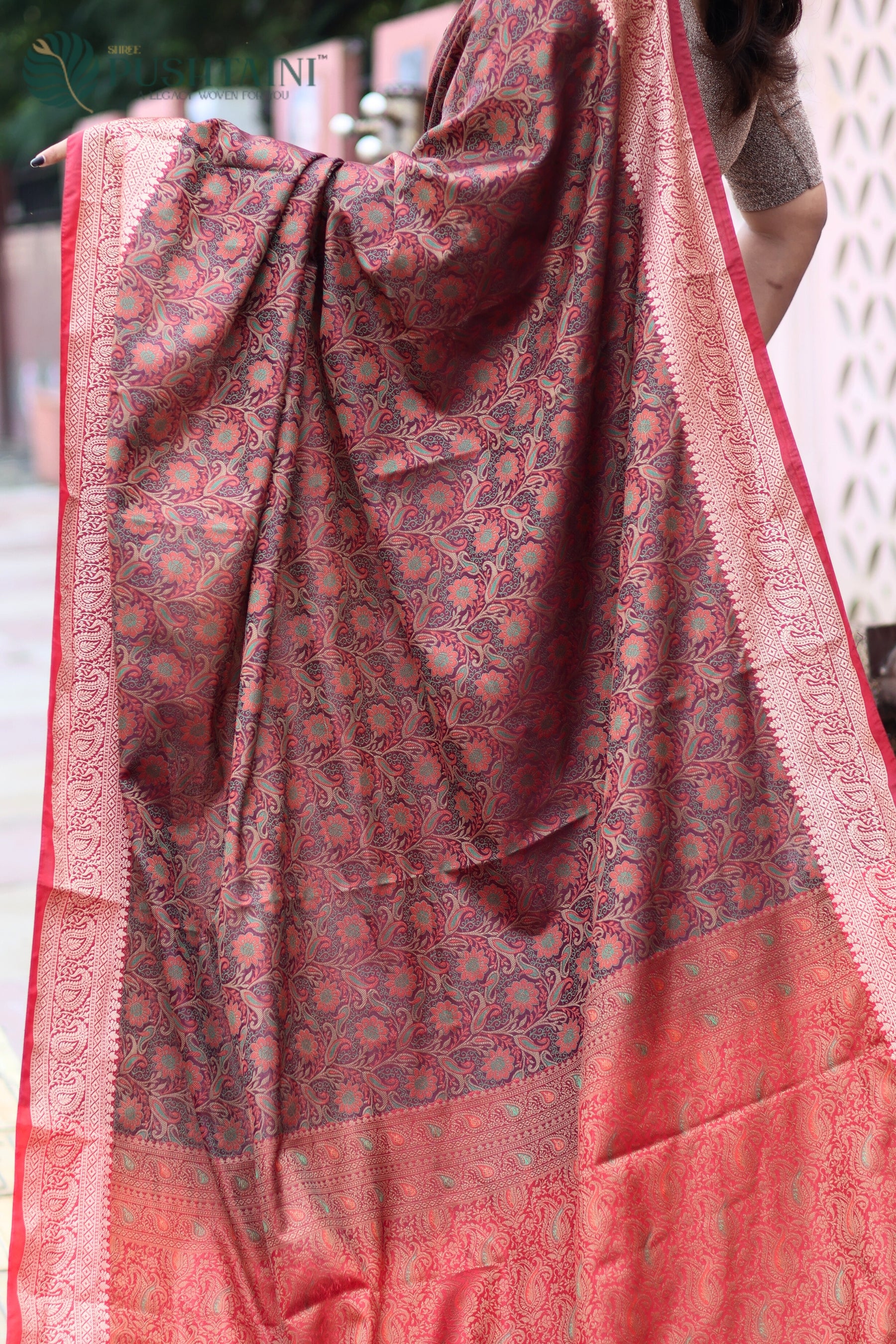 Brown Semi Katan Tanchoi Silk Banarasi Saree with Multi Meenakari Touch