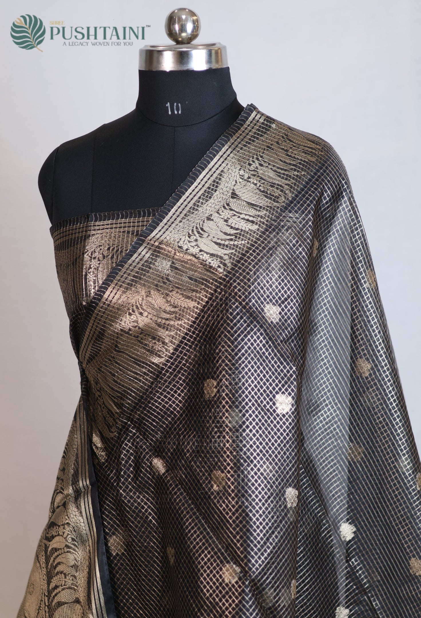 Matt Black Art Silk Saree with Metallic Gold Zari Check