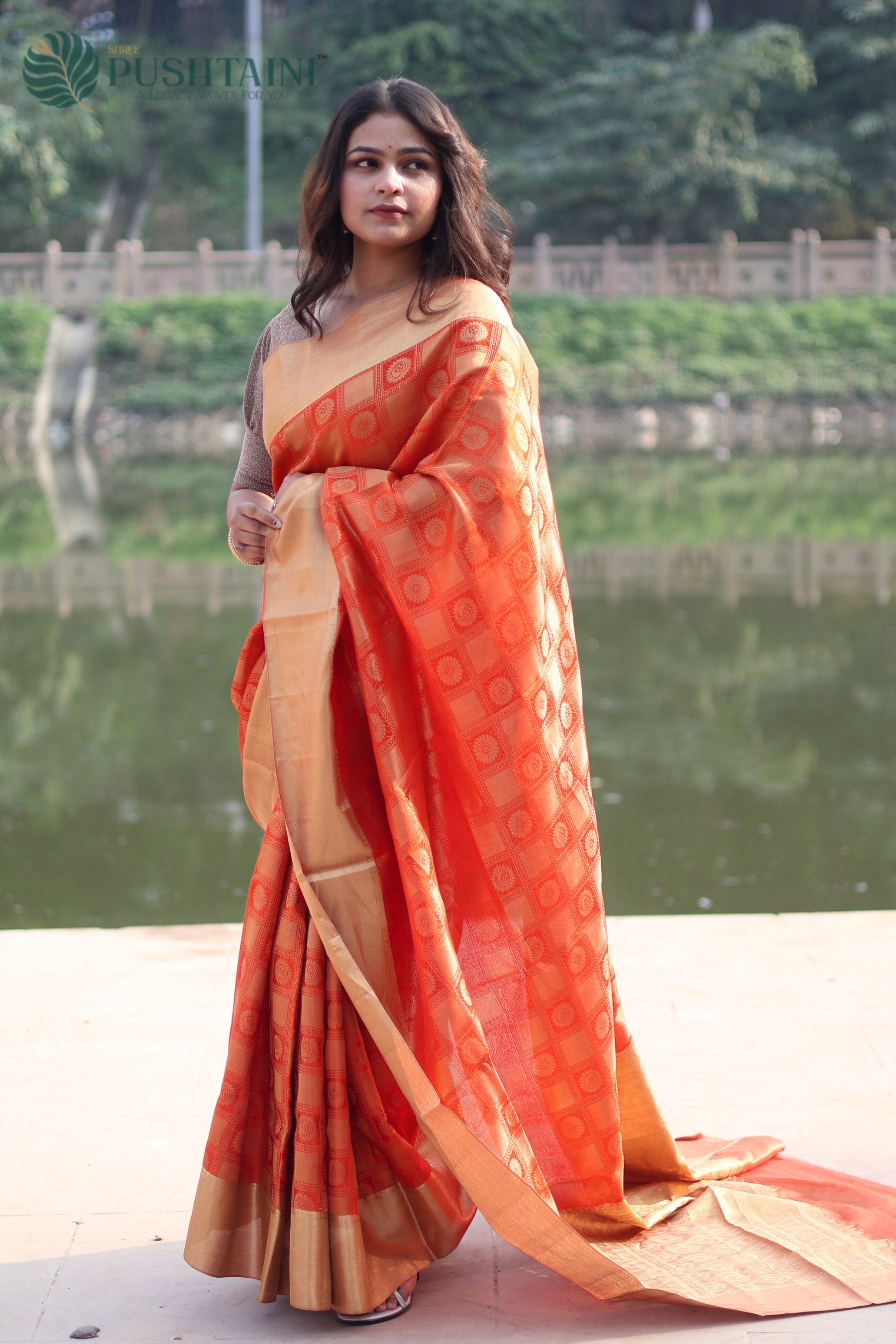 Orange Pure Tissue Dupion Tanchoi Silk Saree with Golden Border